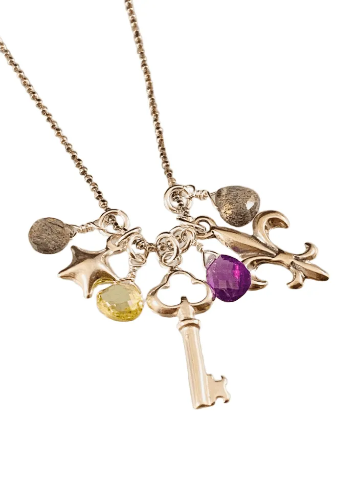 16” Magic Charm Necklace with Star Key Fleur De Lis and Briolette Gemstone Charms