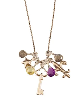 16” Magic Charm Necklace with Star Key Fleur De Lis and Briolette Gemstone Charms