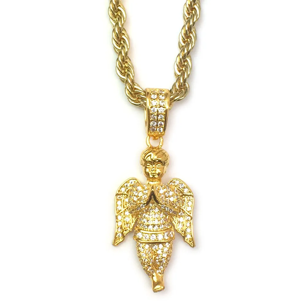 18k Gold Plated CZ Angel Piece Pendant with 4mm Rope Chain 24 Inches Long