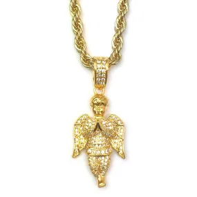 18k Gold Plated CZ Angel Piece Pendant with 4mm Rope Chain 24 Inches Long