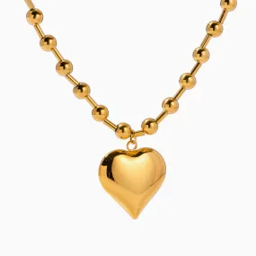 18K Gold Plated Puffed Heart Pendant Bead Station Column Choker Necklace