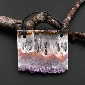 2 Hole Pendant Natural Peach Pink Purple Amethyst Stalactite Druzy Pendant Drilled Flat Slice Long Rectangle