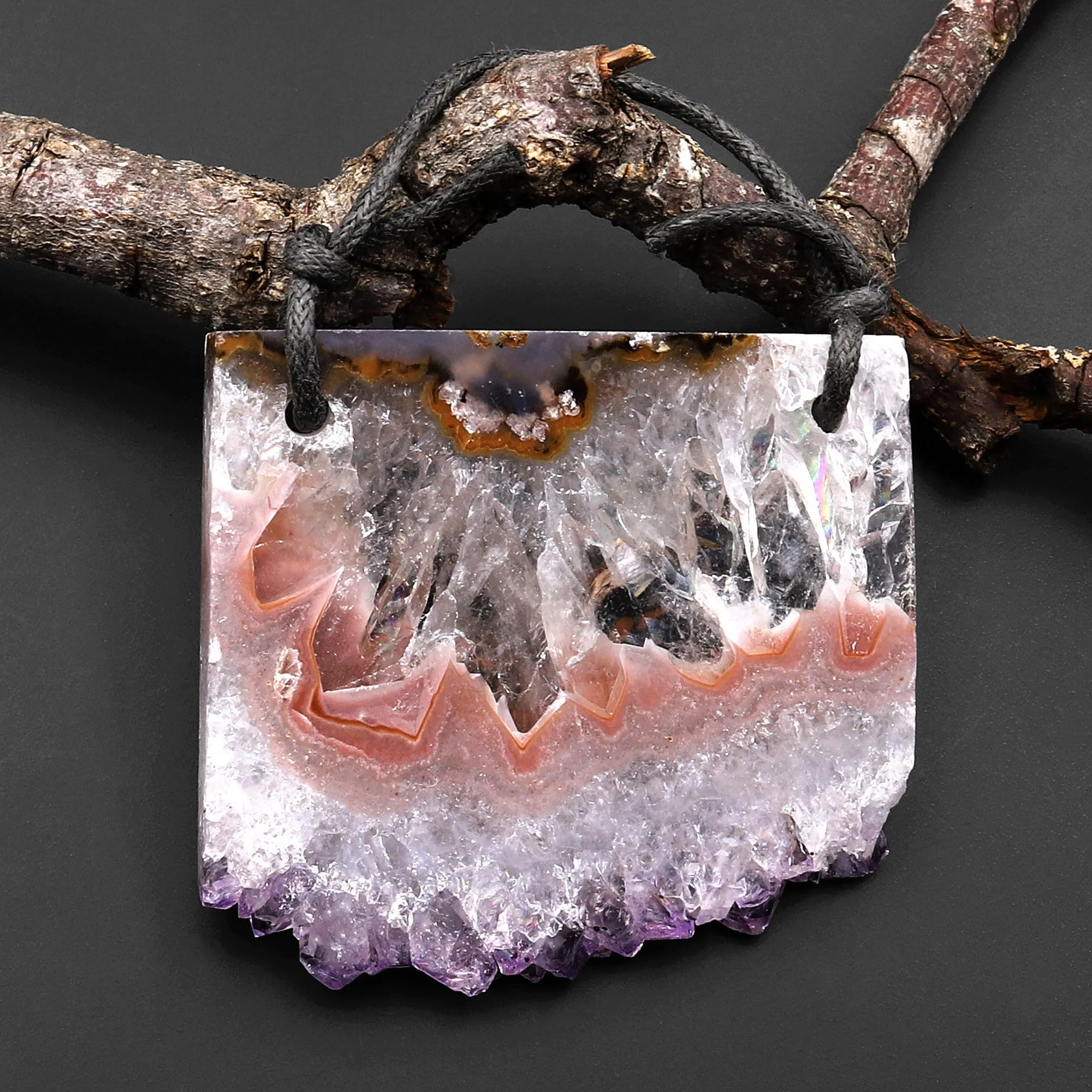 2 Hole Pendant Natural Peach Pink Purple Amethyst Stalactite Druzy Pendant Drilled Flat Slice Long Rectangle