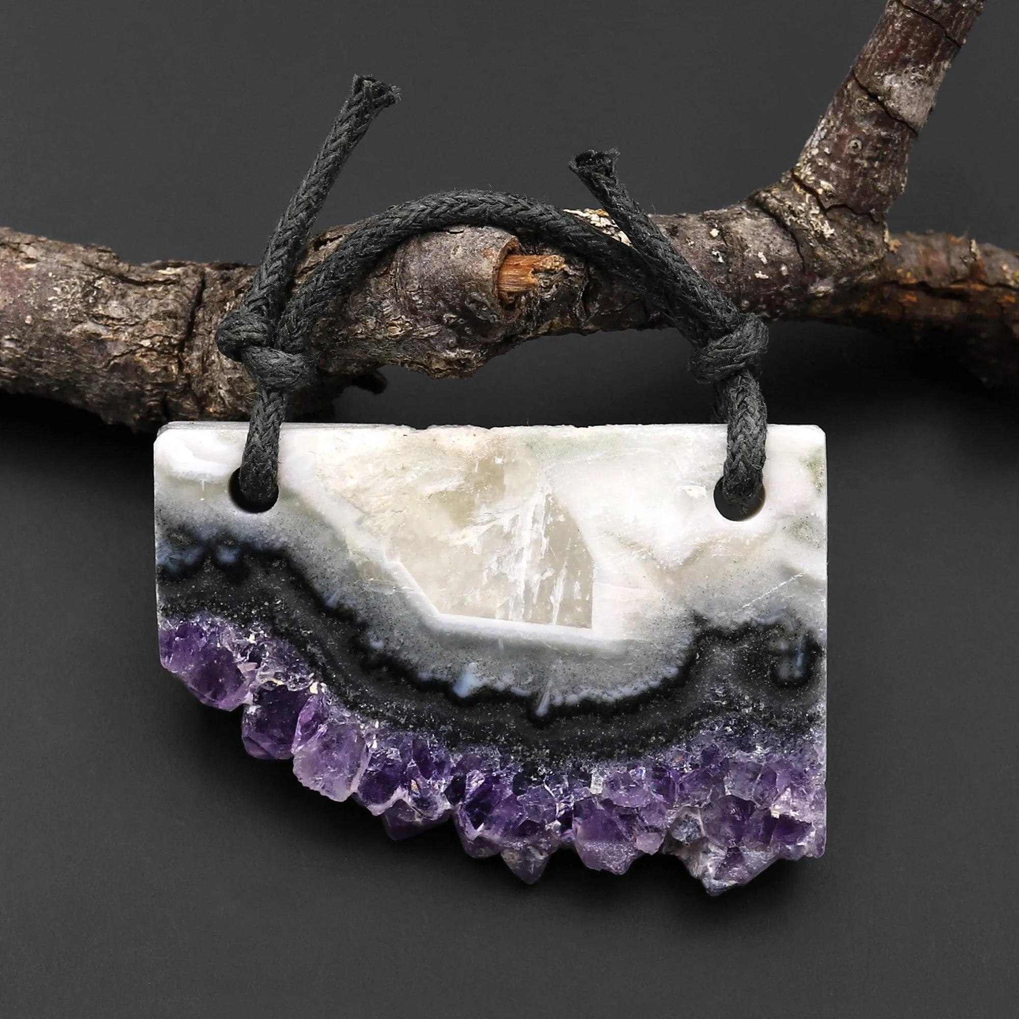 2 Hole Pendant Natural Purple Green Amethyst Stalactite Druzy Pendant Drilled Flat Slice Long Rectangle A2