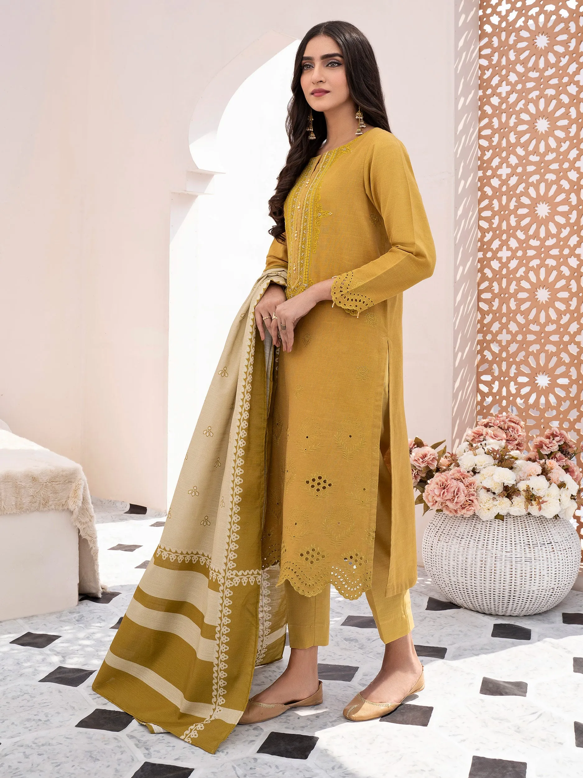 2 Piece Khaddar Suit-Unstitched Embroidered