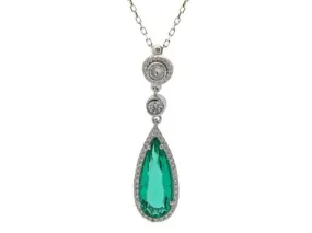 925 Sterling Silver Synthetic Emerald Pendant & White CZ Charm Necklace 16"