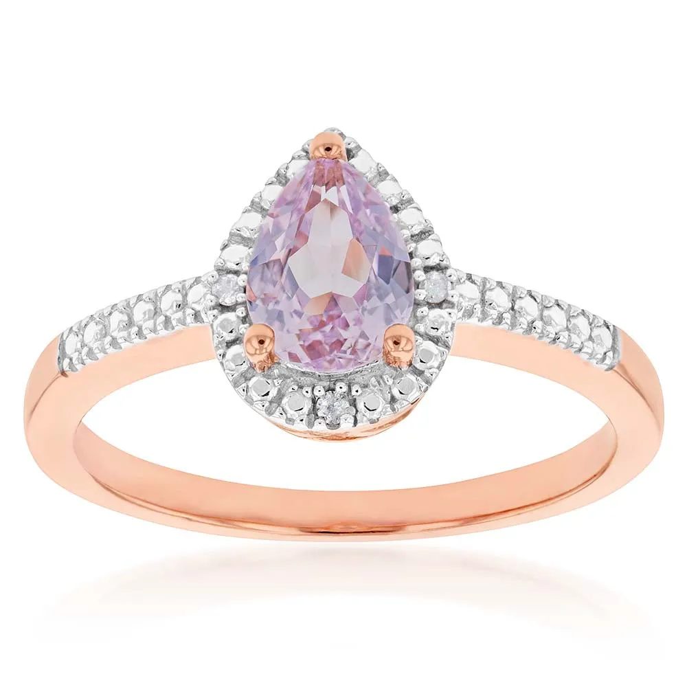 9ct Rose Gold Created Peach Sapphire & Diamond Pear Ring