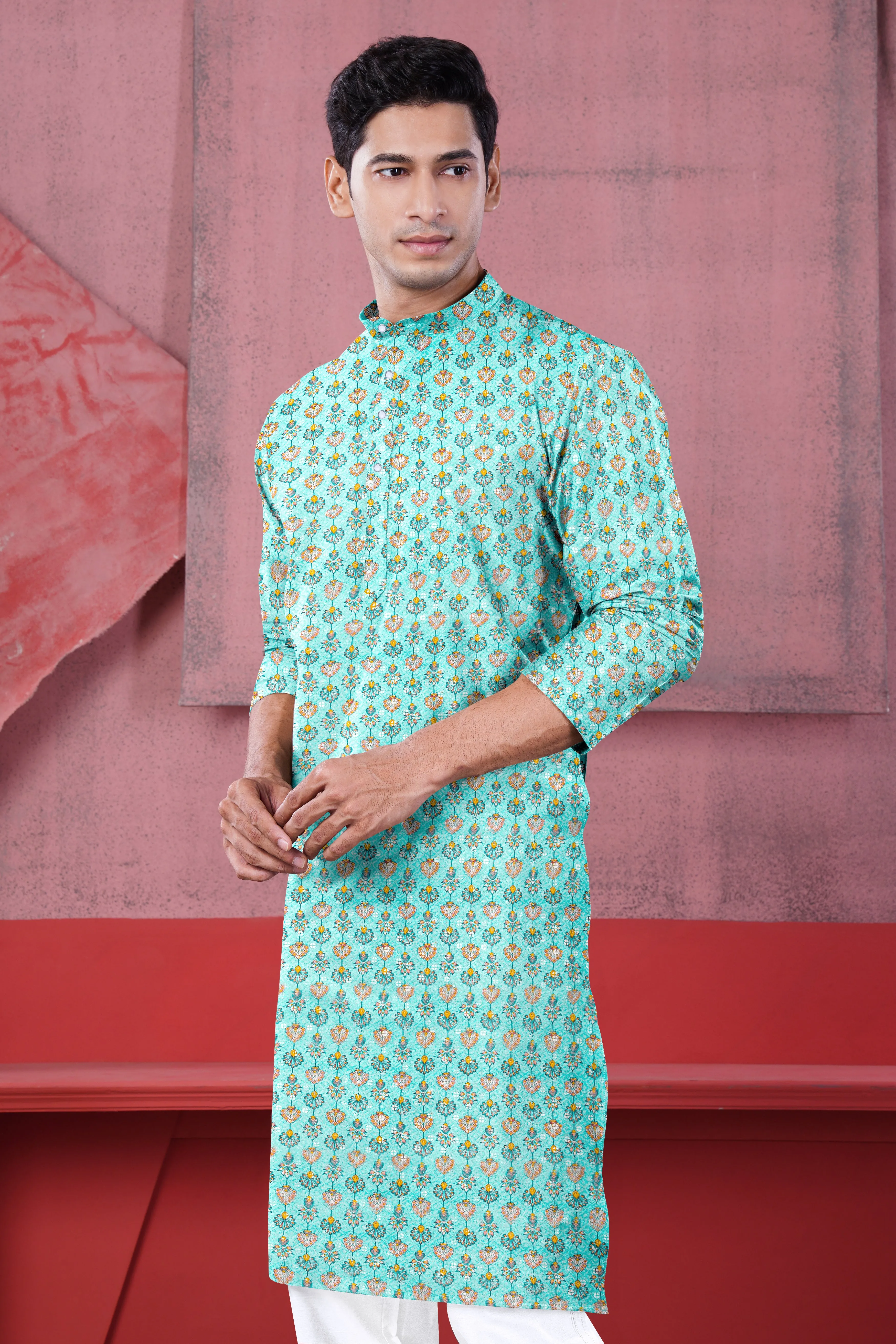 Aquamarine Blue And Tangerine Peach Designer Thread Embroidered Kurta Set