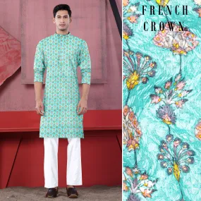 Aquamarine Blue And Tangerine Peach Designer Thread Embroidered Kurta Set