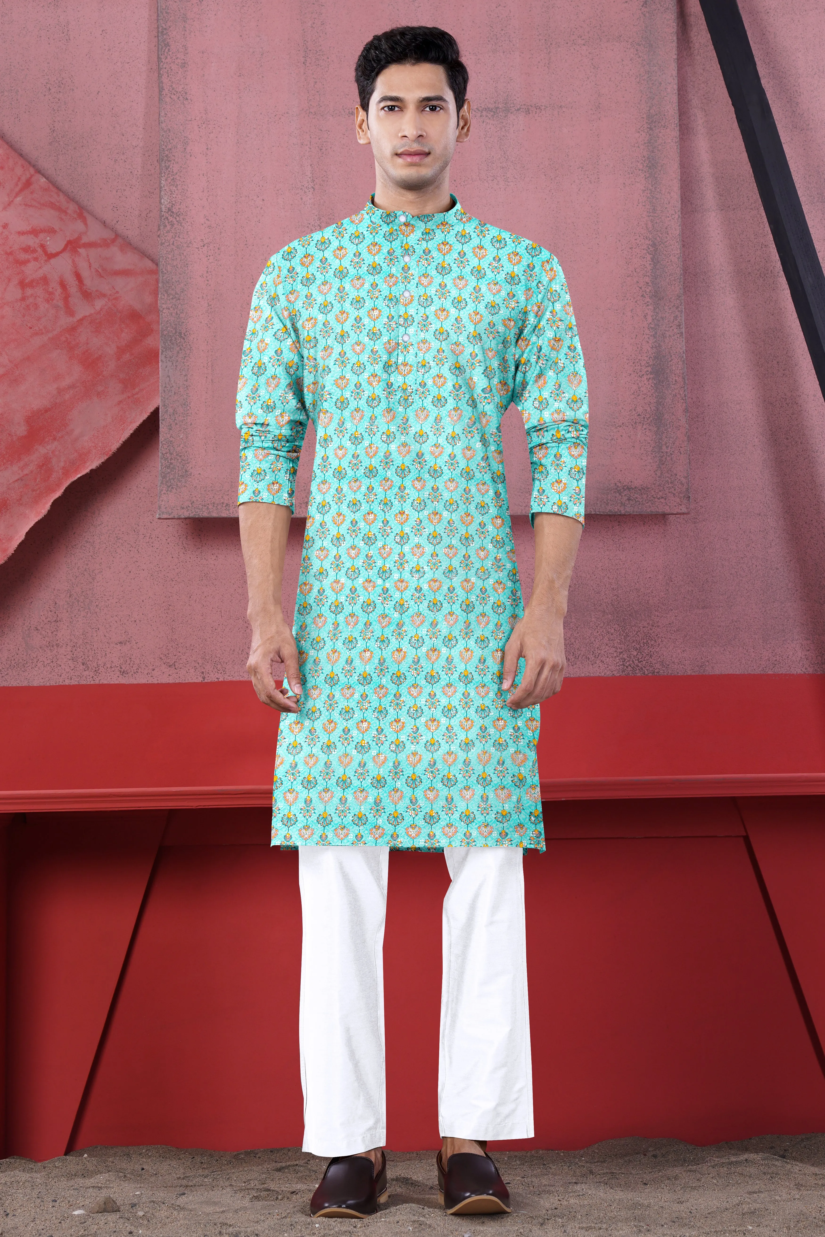 Aquamarine Blue And Tangerine Peach Designer Thread Embroidered Kurta Set