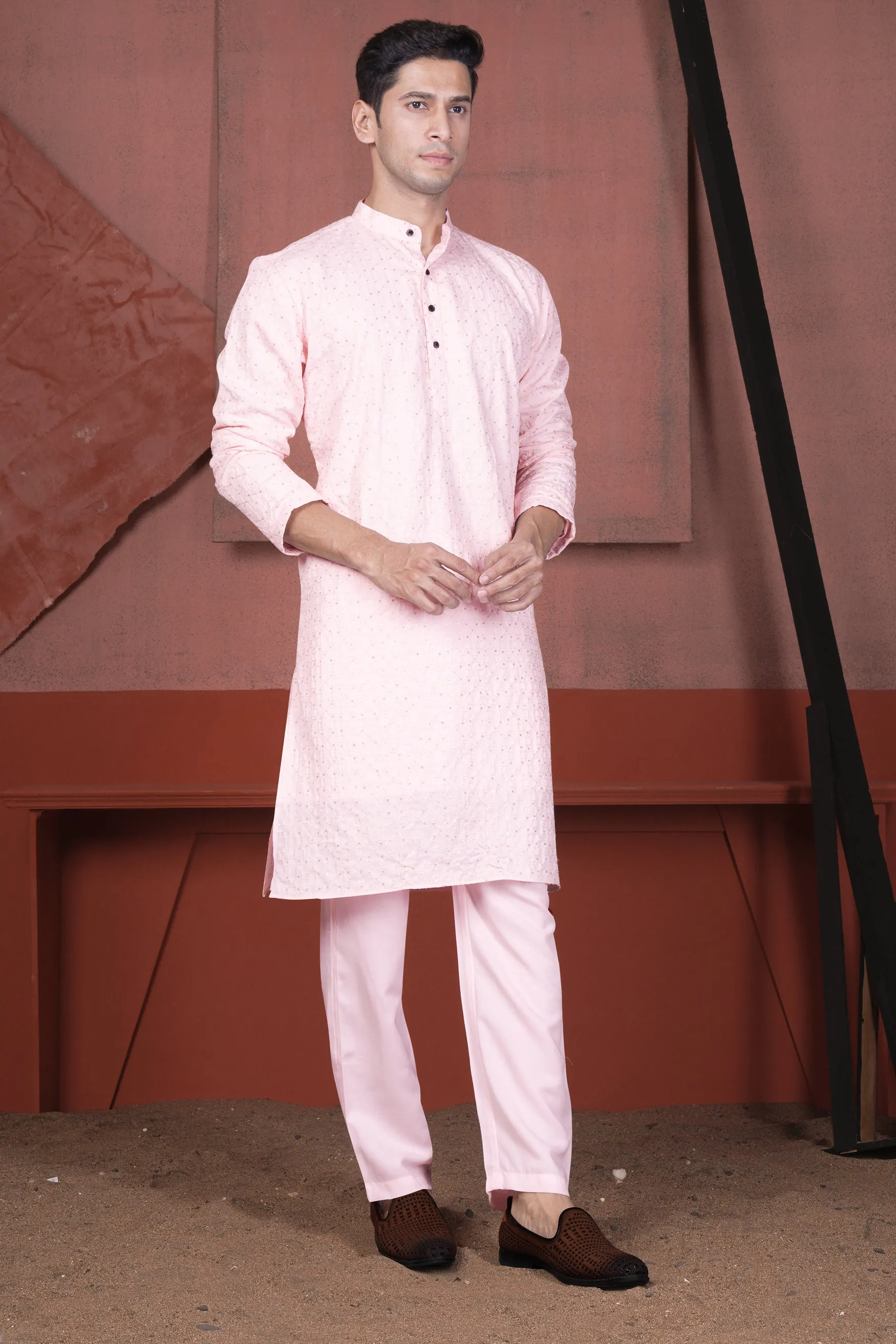 Blush Peach Viscose Embroidered With Tikki Work Designer Kurta Set