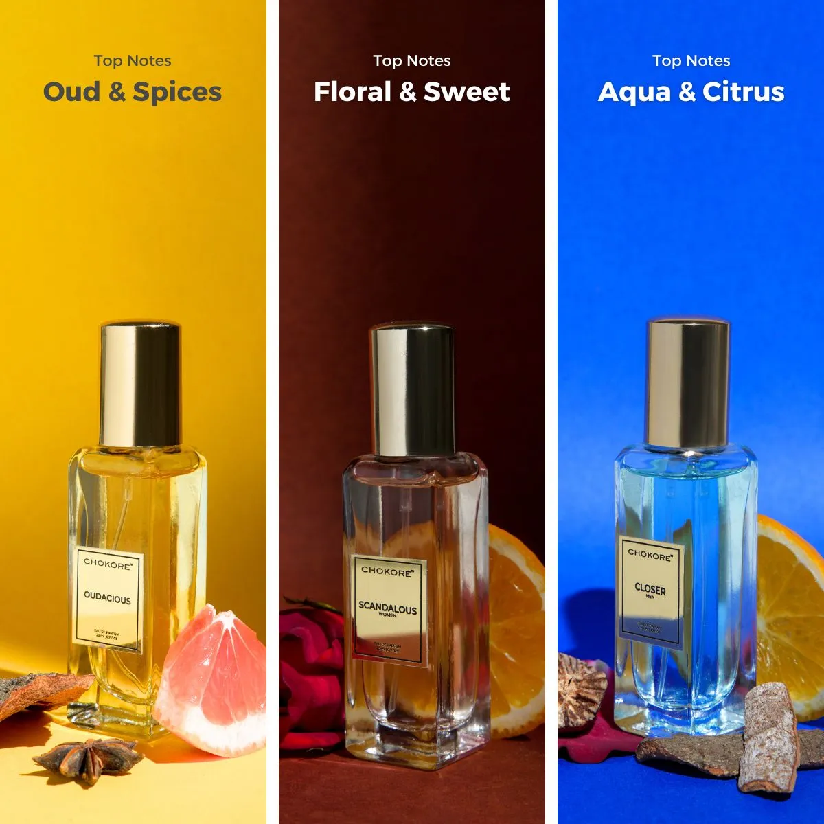 Chokore Perfume Combo Pack of 3 For Men & Women (Closer, Scandalous, & Oudacious) | 3 x 20 ml