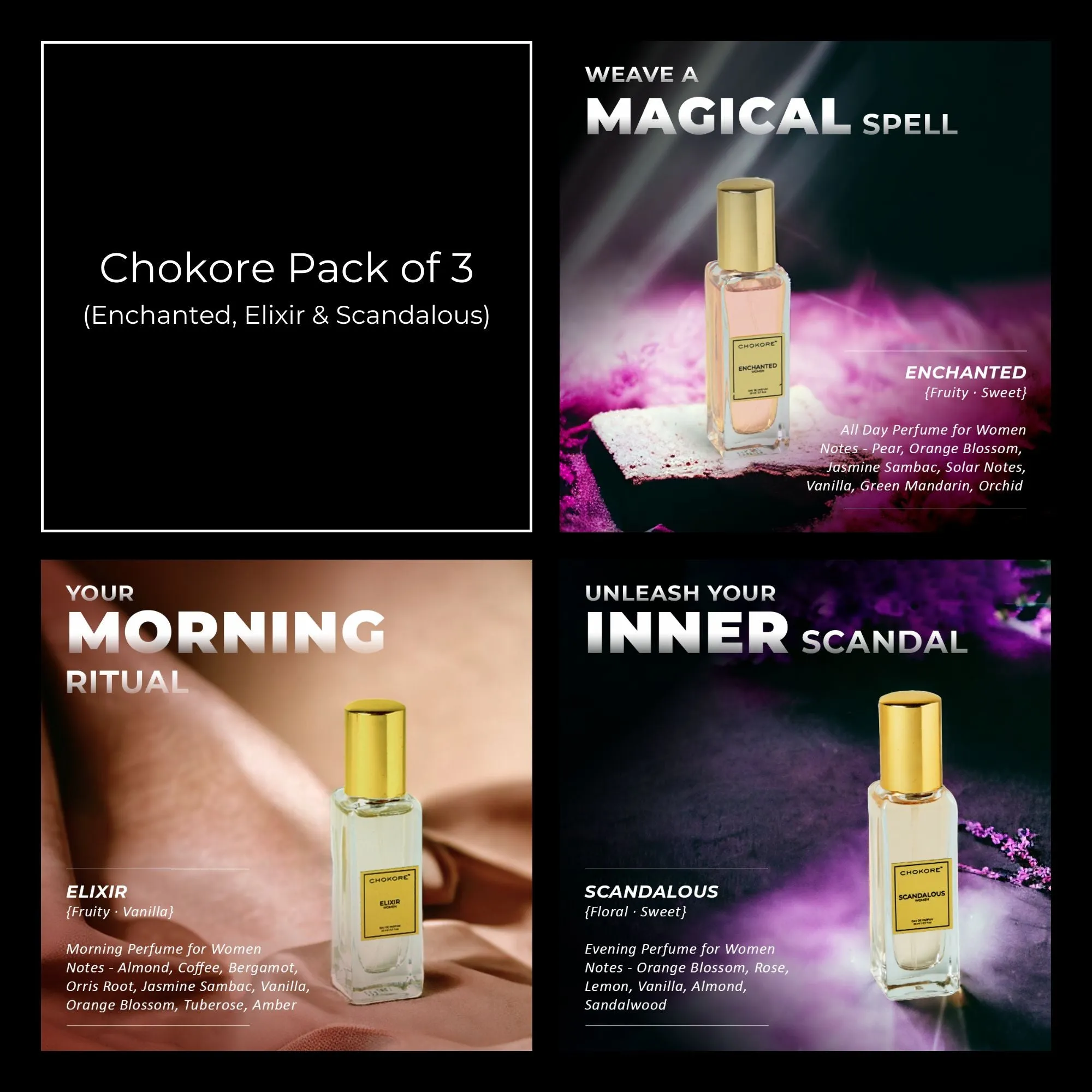 Chokore Perfume Combo Pack of 3 Only For Women (Enchanted, Elixir, & Scandalous) | 3 x 20 ml