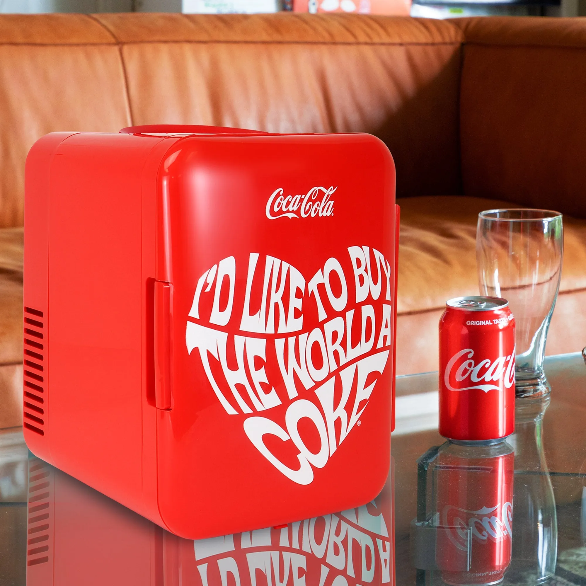 Coca-Cola World 1971 Series 4L Cooler/Warmer w/ 12V DC and 110V AC Cords, 6 Can Portable Mini Fridge, Personal Travel Refrigerator for Snacks Lunch Drinks Cosmetics, Desk Home Office Dorm Travel, Red