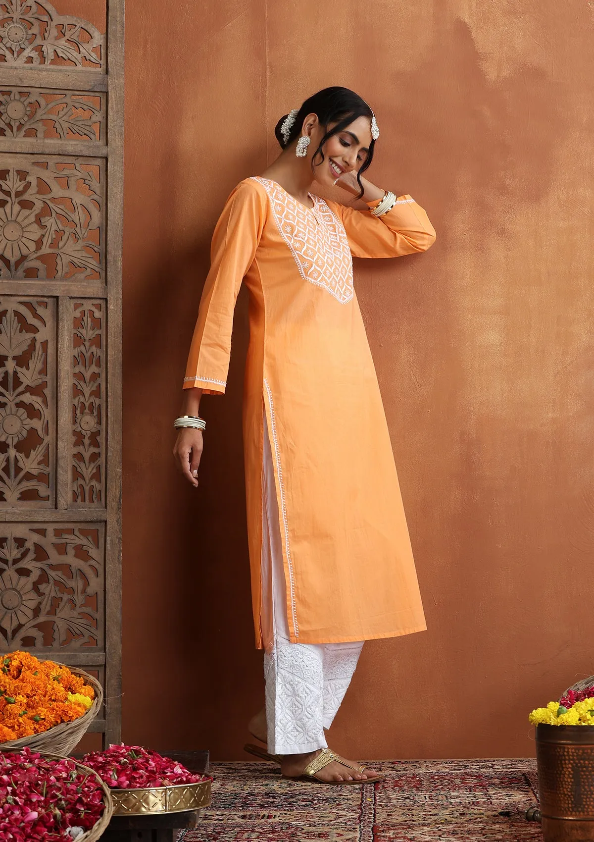 Cotton Chikankari Solid Women's Long Kurta - Peach