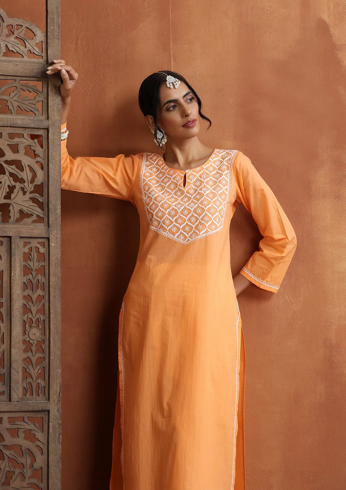 Cotton Chikankari Solid Women's Long Kurta - Peach