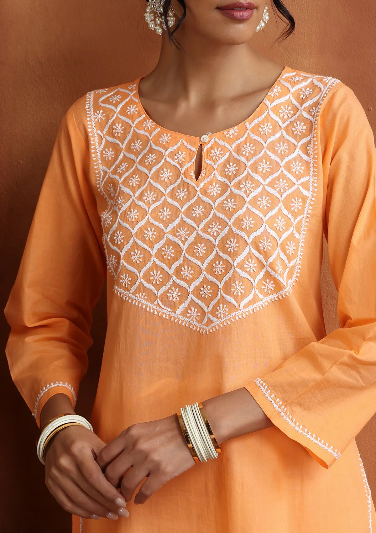 Cotton Chikankari Solid Women's Long Kurta - Peach