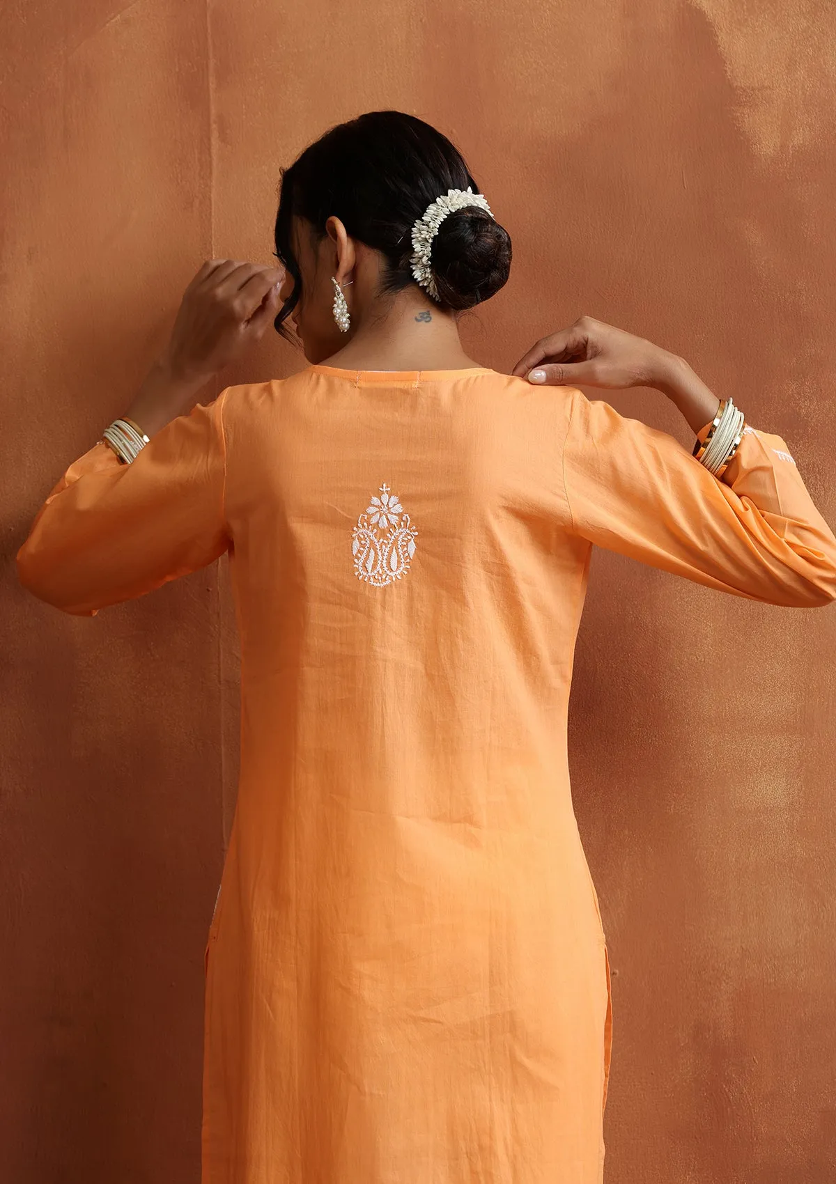 Cotton Chikankari Solid Women's Long Kurta - Peach