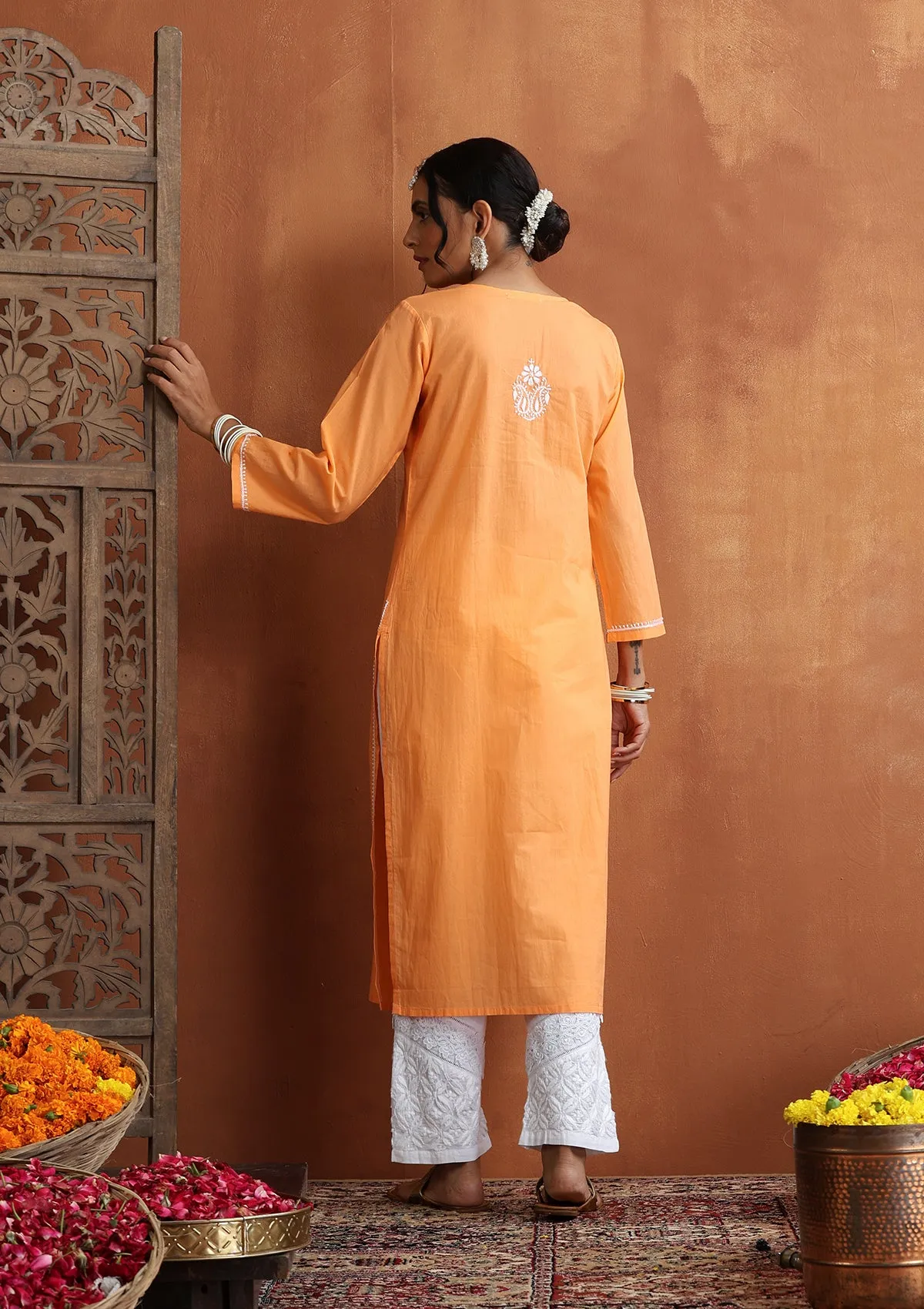 Cotton Chikankari Solid Women's Long Kurta - Peach