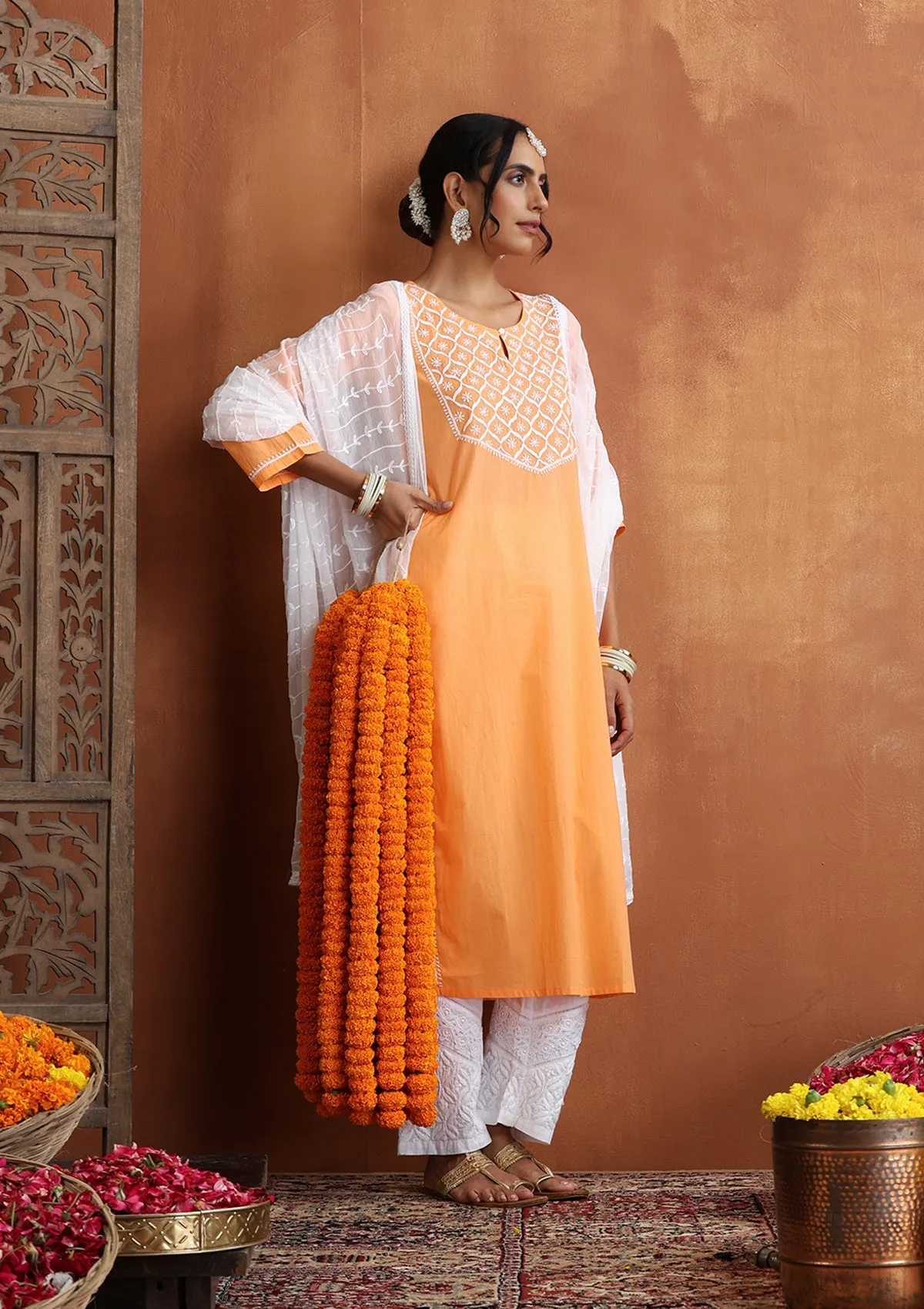 Cotton Chikankari Solid Women's Long Kurta - Peach