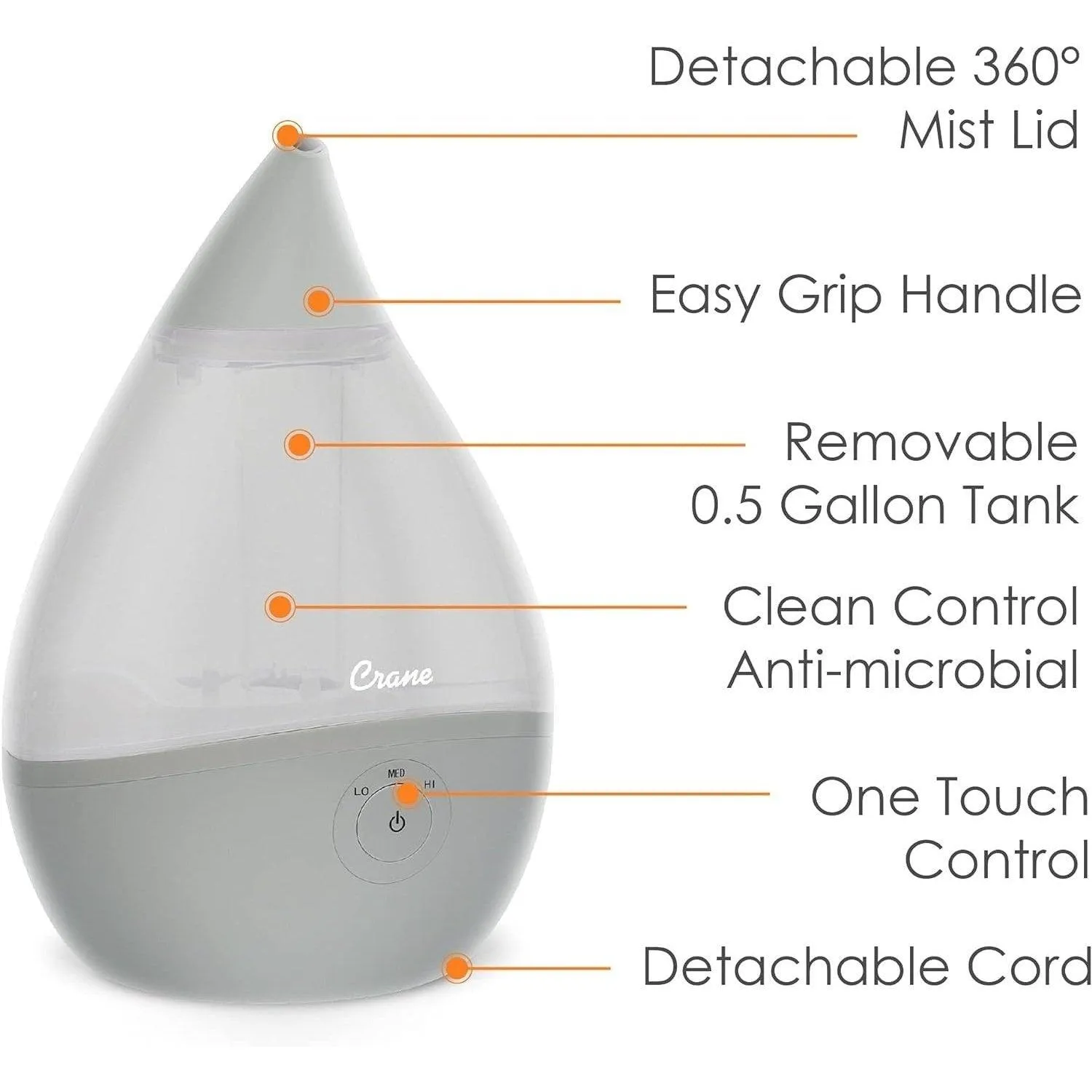 Crane Droplet Ultrasonic Cool Mist Humidifier Grey - 0.5 Gallon