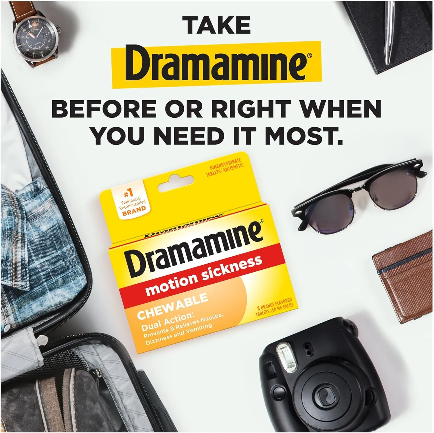 Dramamine Chewable Motion Sickness Relief Orange Flavor - 8 Ct