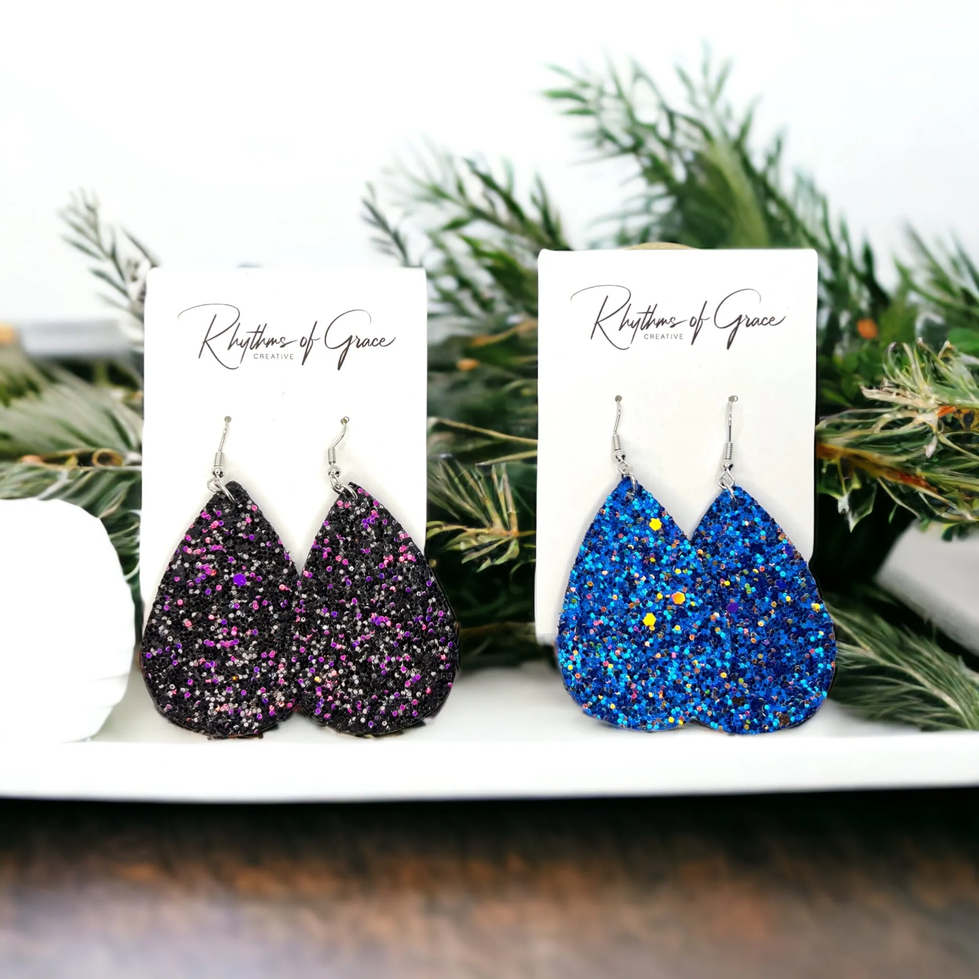 Glitter Earrings - Glitter Accessories, Purple Earrings, Teardrop Earrings, Purple and Black, Blue Glitter