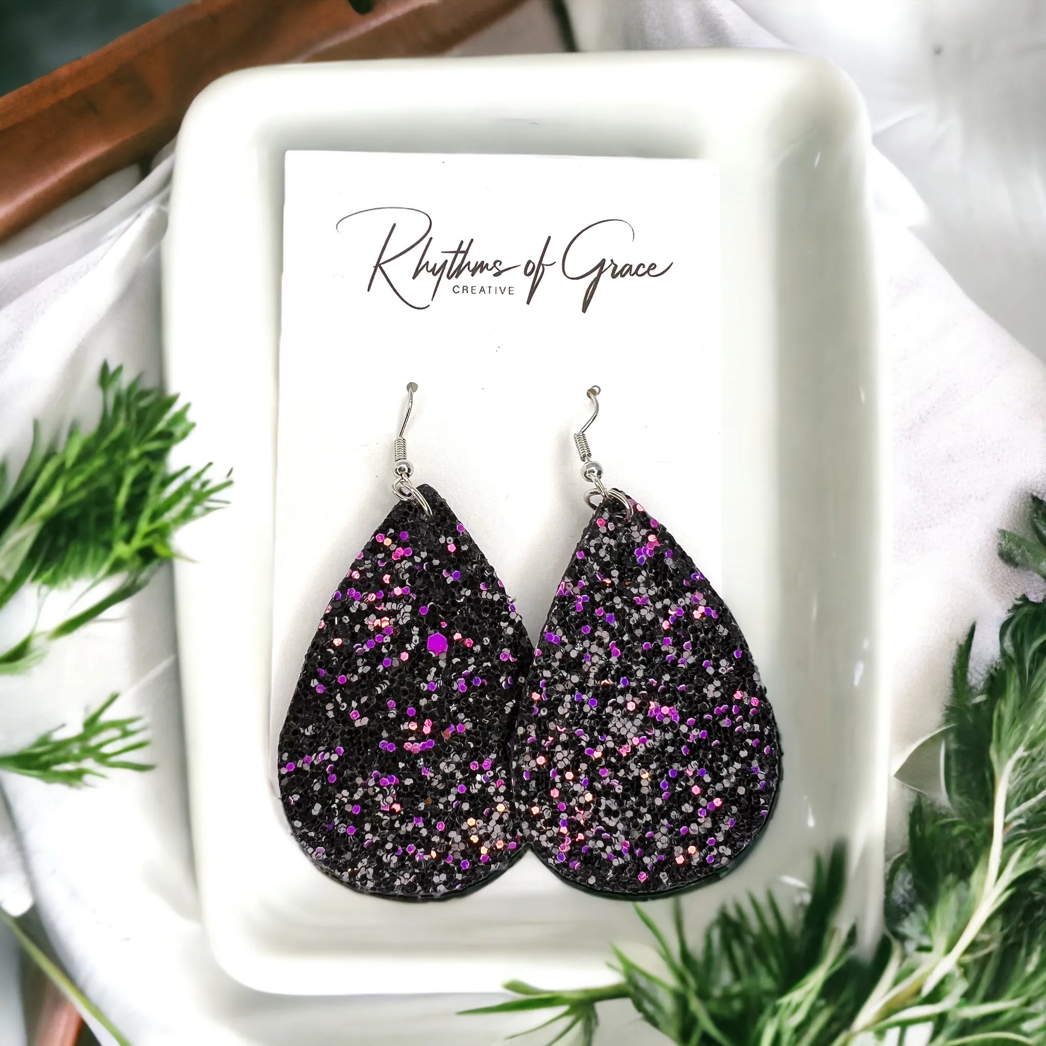 Glitter Earrings - Glitter Accessories, Purple Earrings, Teardrop Earrings, Purple and Black, Blue Glitter