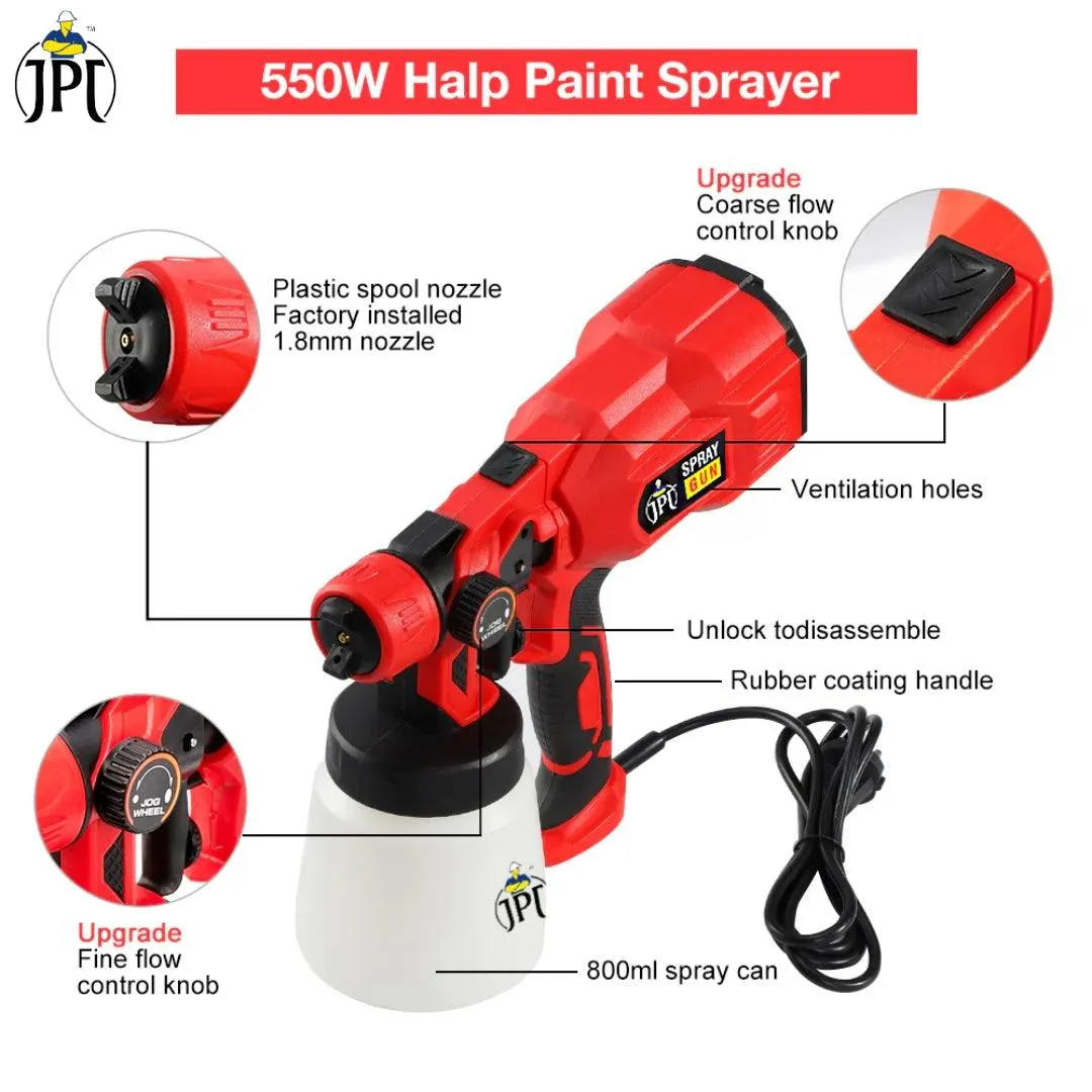 JPT 550W Powerful HVLP Paint Spray Gun | 1.8MM Nozzle | 3 Spray Patterns | 500ml/min Flow Rate | 800ml Detachable Container | 360° Directional Nozzle | Single Unit Design | Great Coverage And No Drips