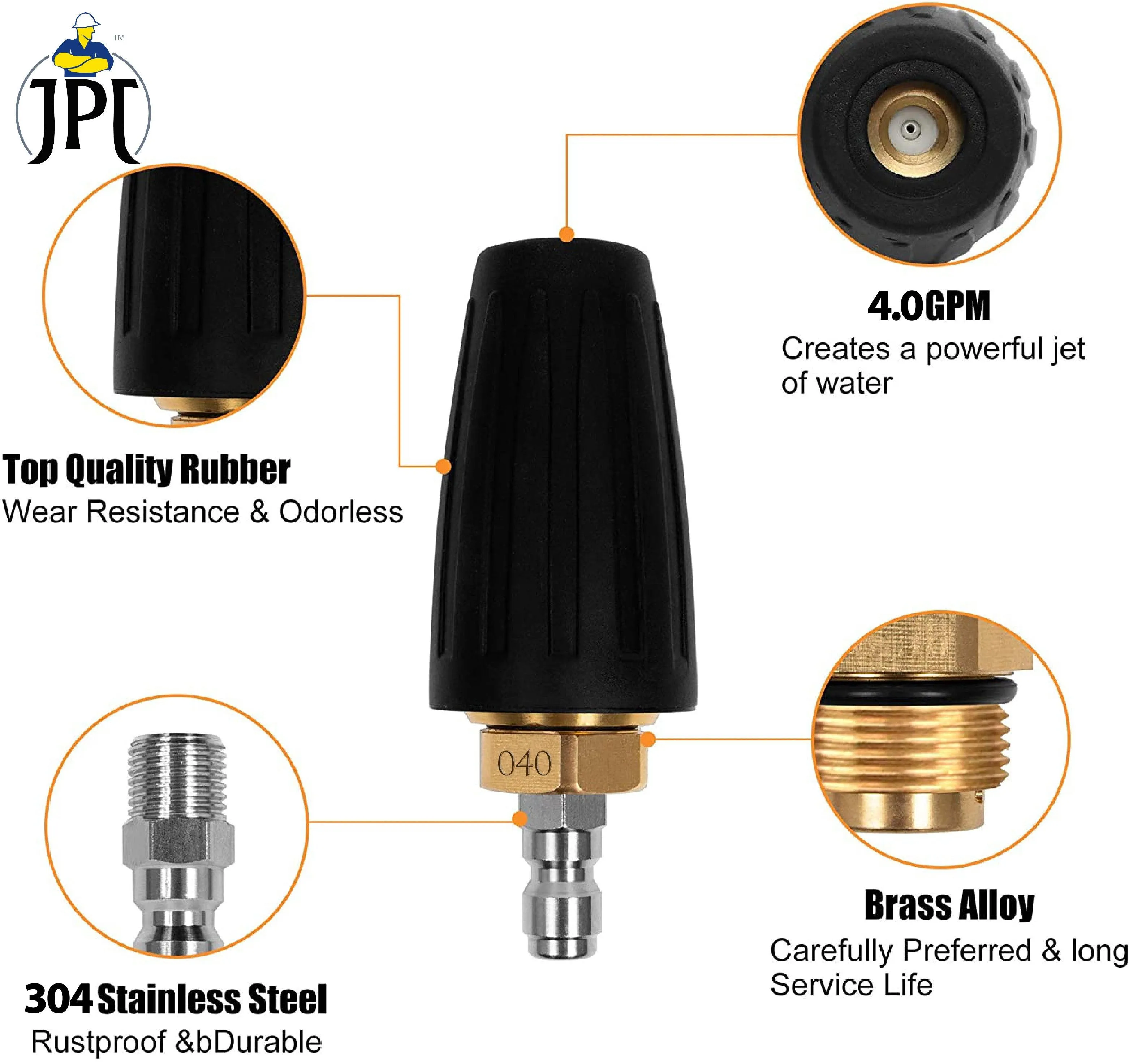 JPT Combo Pressure Washer Spray Wand/Extension Straight Rod, 20" with Turbo Rotating Brass Nozzle with I/4 Male Connector