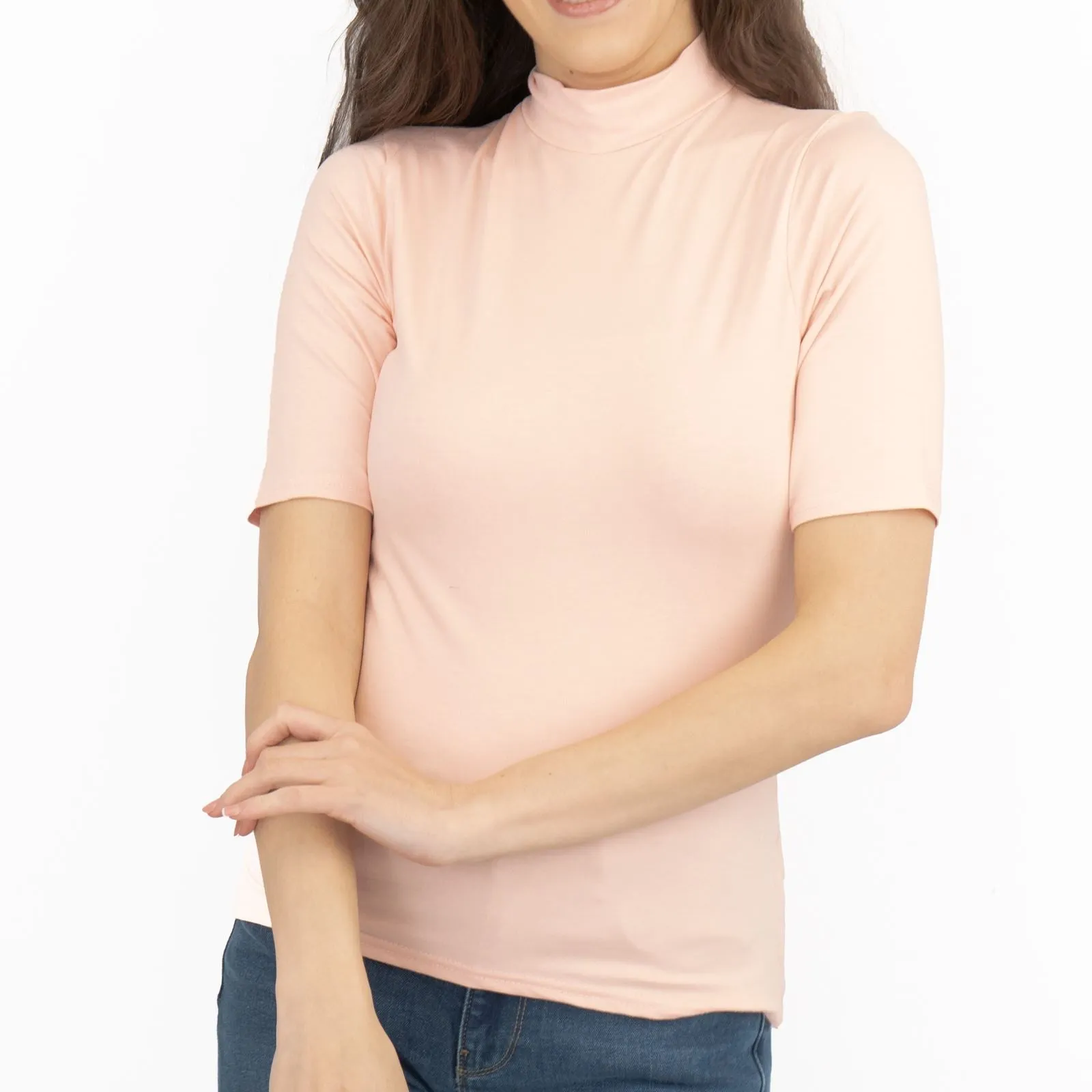 Karen Millen Light Peach Short Sleeve Jersey Funnel Neck Top