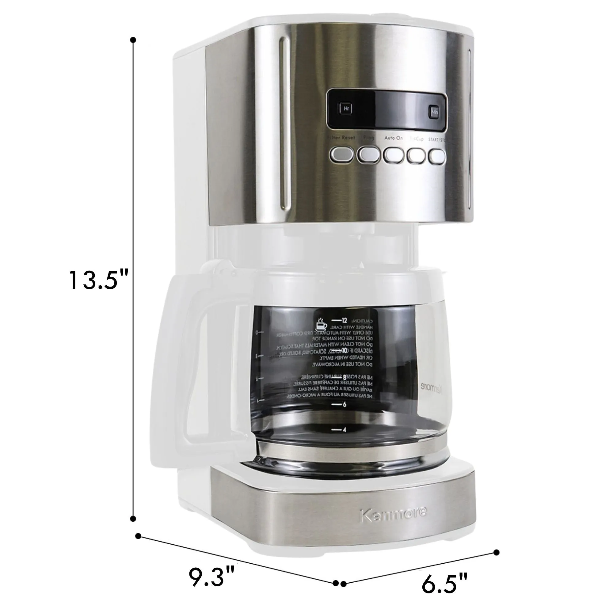 Kenmore Aroma Control 12-Cup Programmable Coffee Maker, White and Stainless Steel Drip Coffee Machine, Glass Carafe, Reusable Filter, Timer, Digital Display, Charcoal Water Filter, Regular or Bold