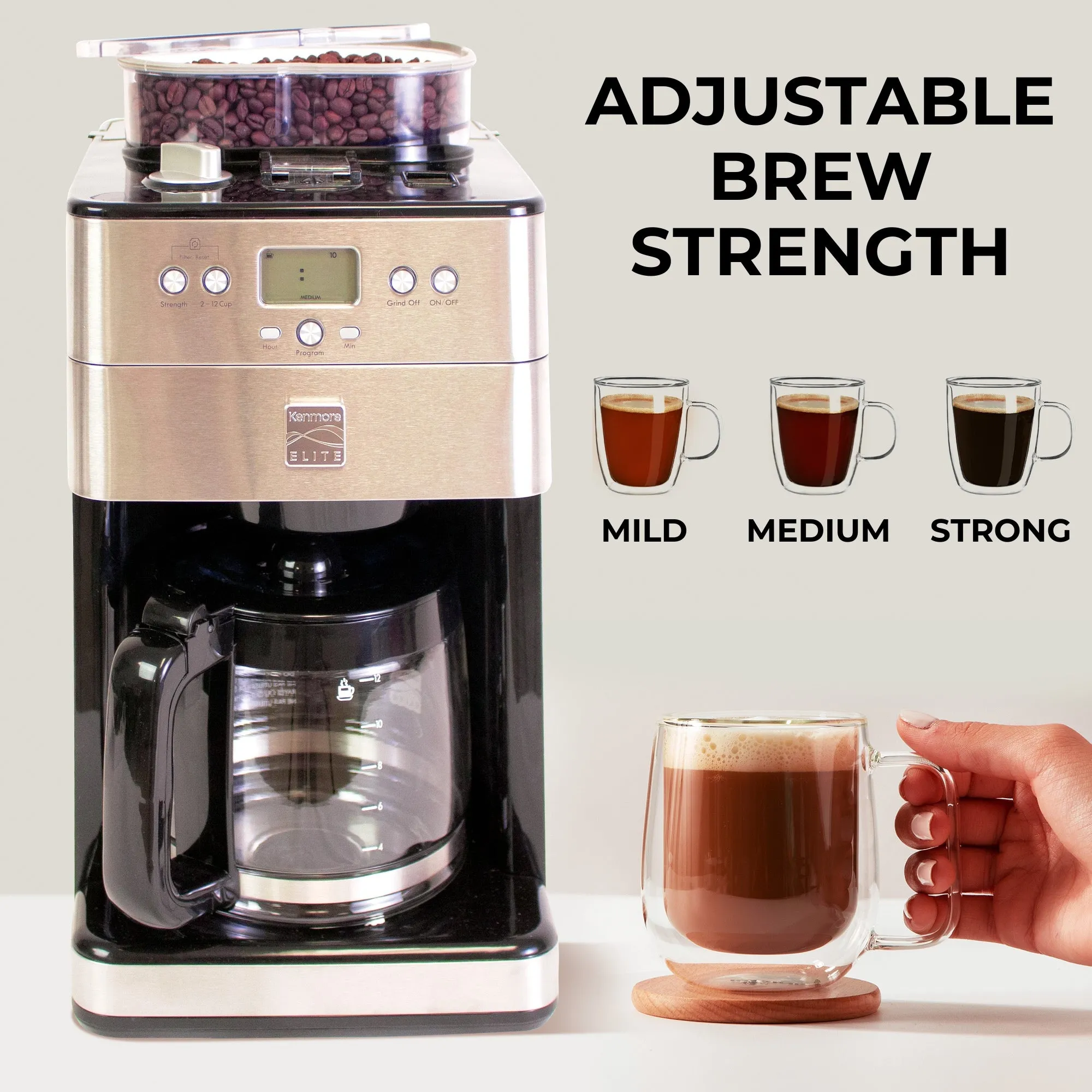 Kenmore Elite Grind and Brew Coffee Maker w/ Burr Grinder, 12 Cup Programmable Automatic Timer Brew Coffee Machine, Air-Tight Bean Hopper, Grind Size and Brew Strength Selectors, Stainless Steel