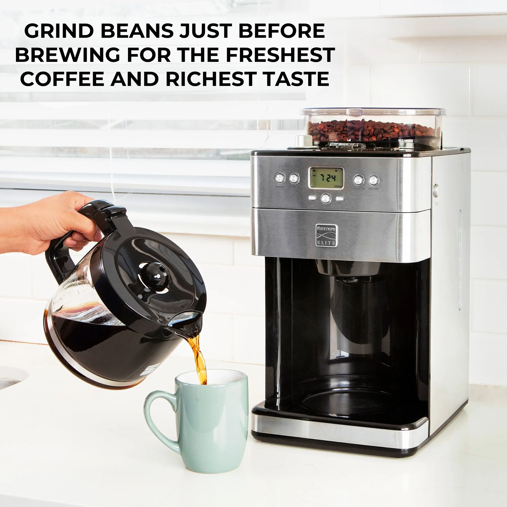 Kenmore Elite Grind and Brew Coffee Maker w/ Burr Grinder, 12 Cup Programmable Automatic Timer Brew Coffee Machine, Air-Tight Bean Hopper, Grind Size and Brew Strength Selectors, Stainless Steel