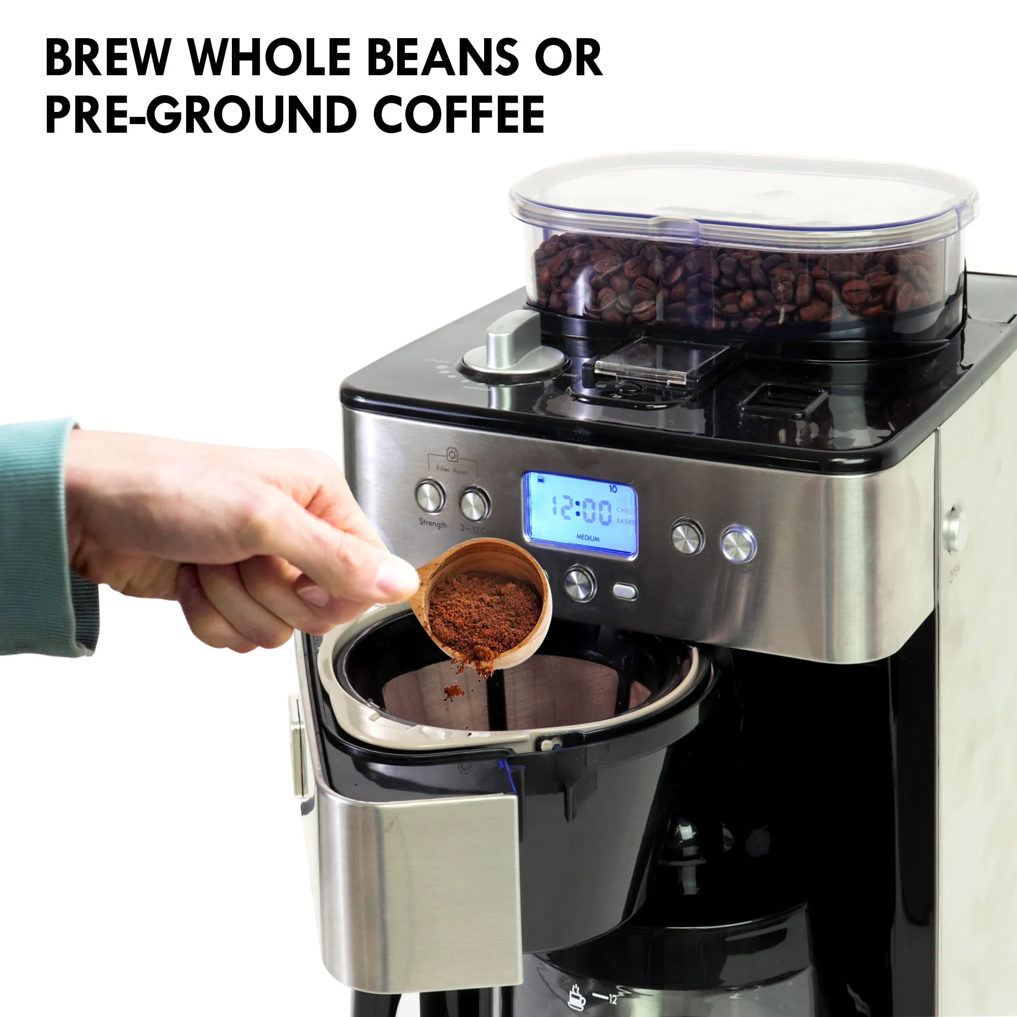 Kenmore Elite Grind and Brew Coffee Maker w/ Burr Grinder, 12 Cup Programmable Automatic Timer Brew Coffee Machine, Air-Tight Bean Hopper, Grind Size and Brew Strength Selectors, Stainless Steel