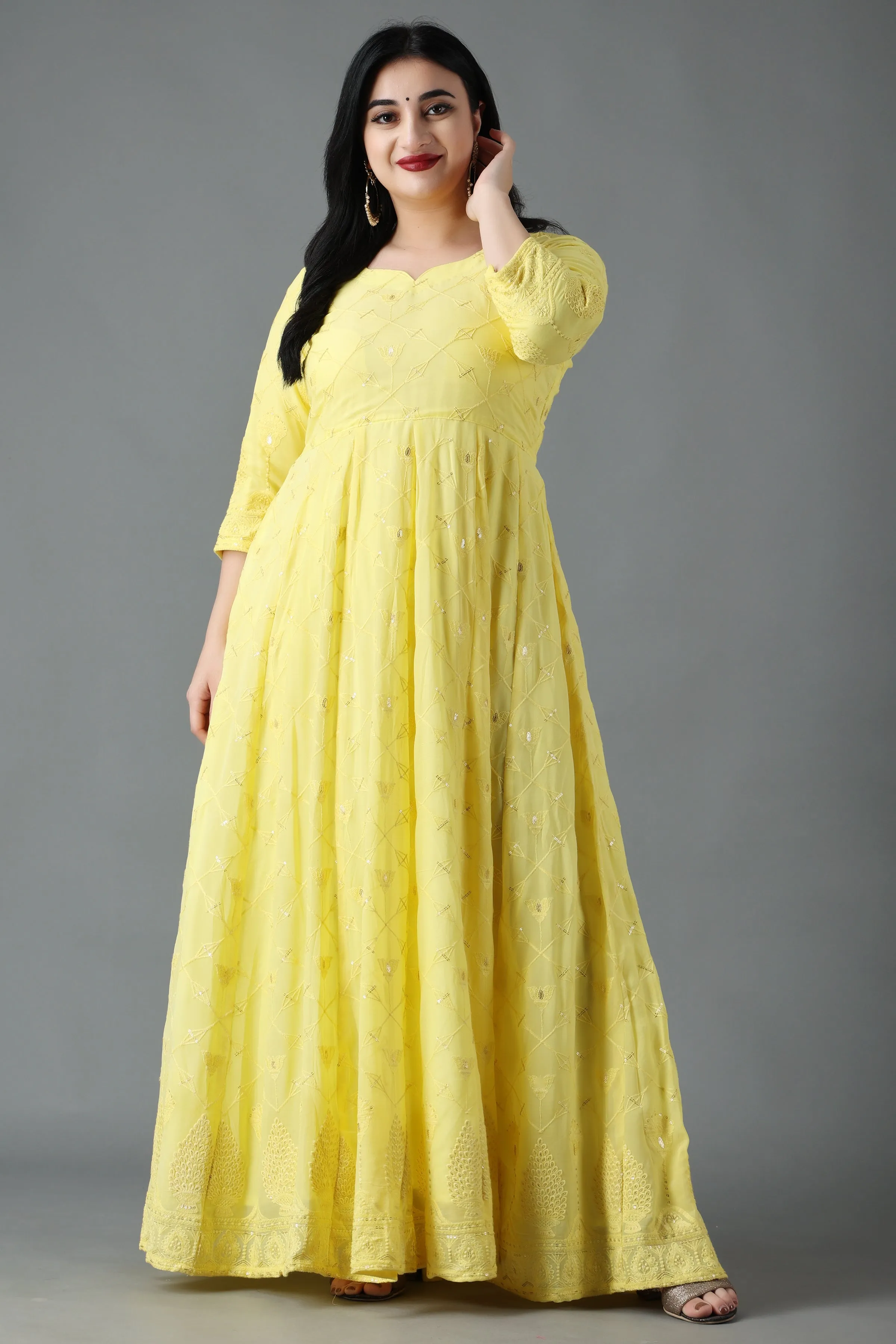 Lemon Sherbet Sequin Anarkali Dress