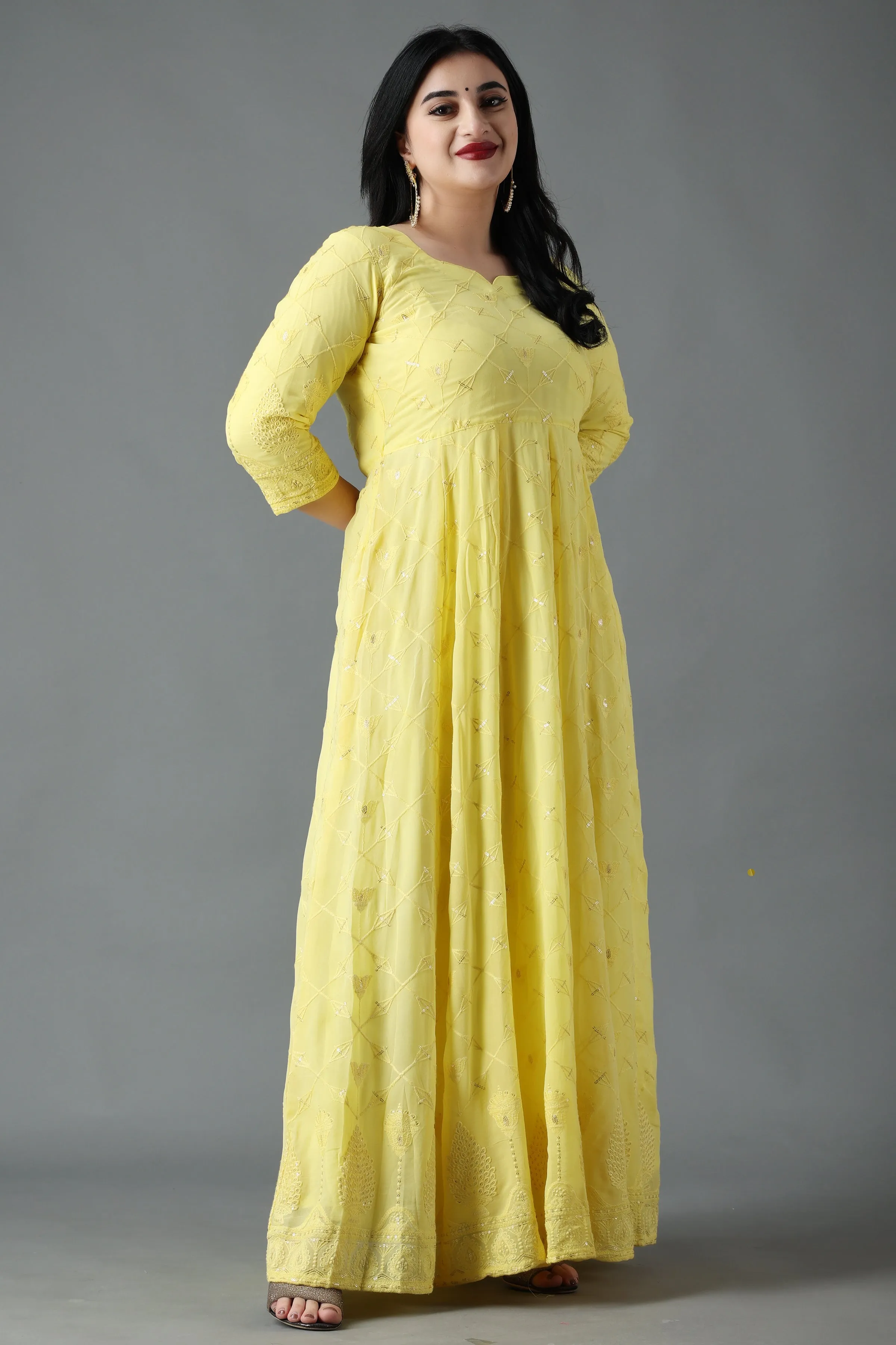 Lemon Sherbet Sequin Anarkali Dress