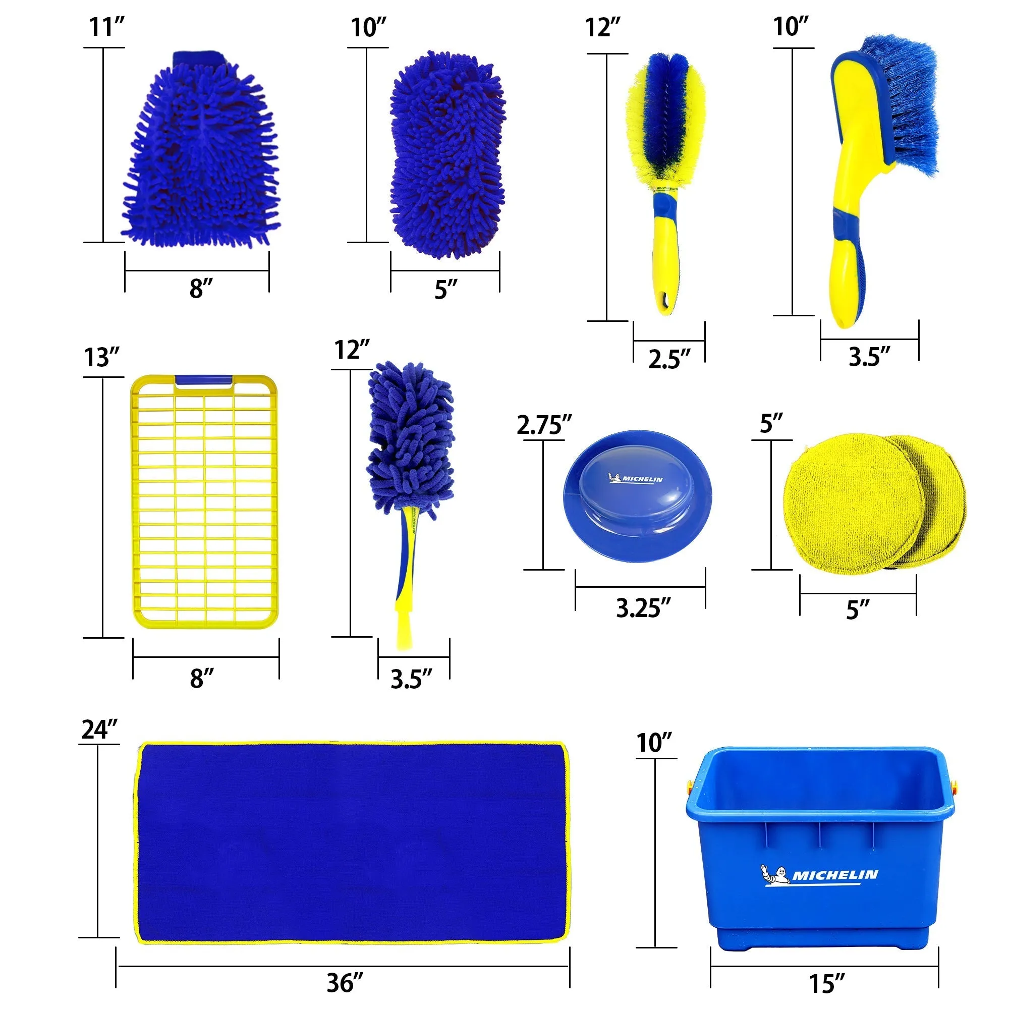 Michelin Ultimate 11-Piece Car Wash Kit, 4.5 Gal Bucket, Mag Wheel Brushes, Microfibre Duster and Detailing Brush, Chenille Wash and Scrub Sponge, Applicator Pad Kit, Drying Towel, for Car, SUV, Truck