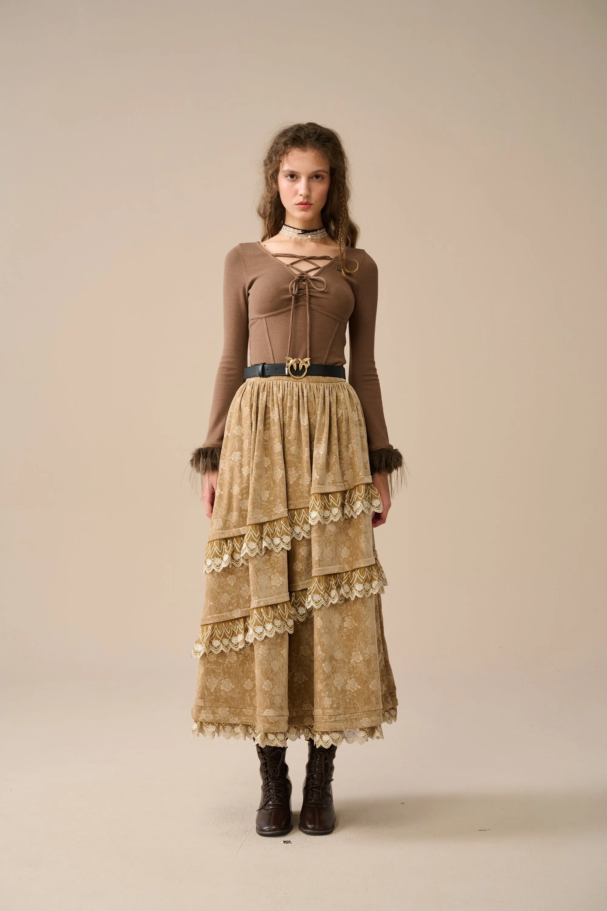 Monica 13| layered velvet skirt with lace