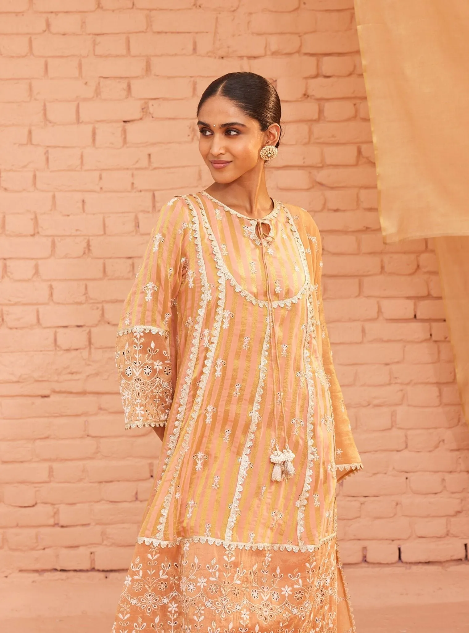 Mulmul Banarsi Bridget Peach Anarkali Kurta With Mulmul Cotton Bridget Peach Pant