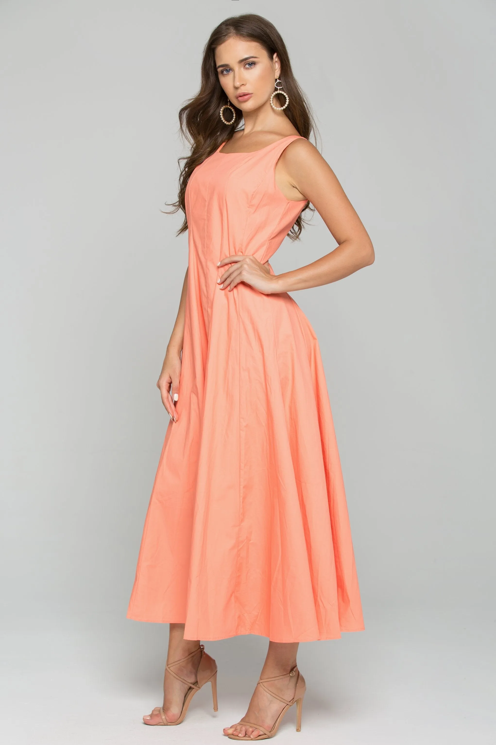 Peach Cotton Square Neckline A-Line Maxi Dress