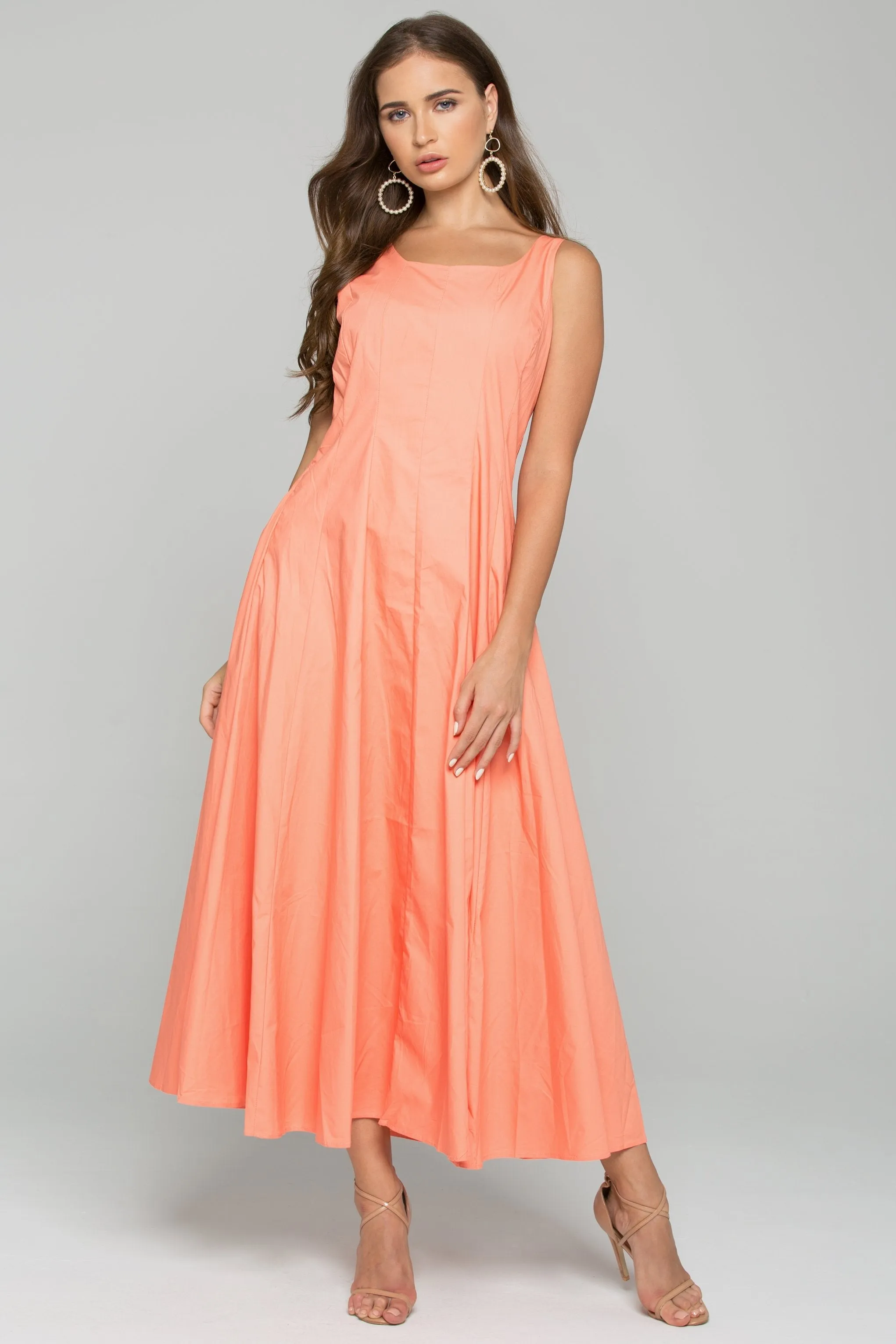 Peach Cotton Square Neckline A-Line Maxi Dress