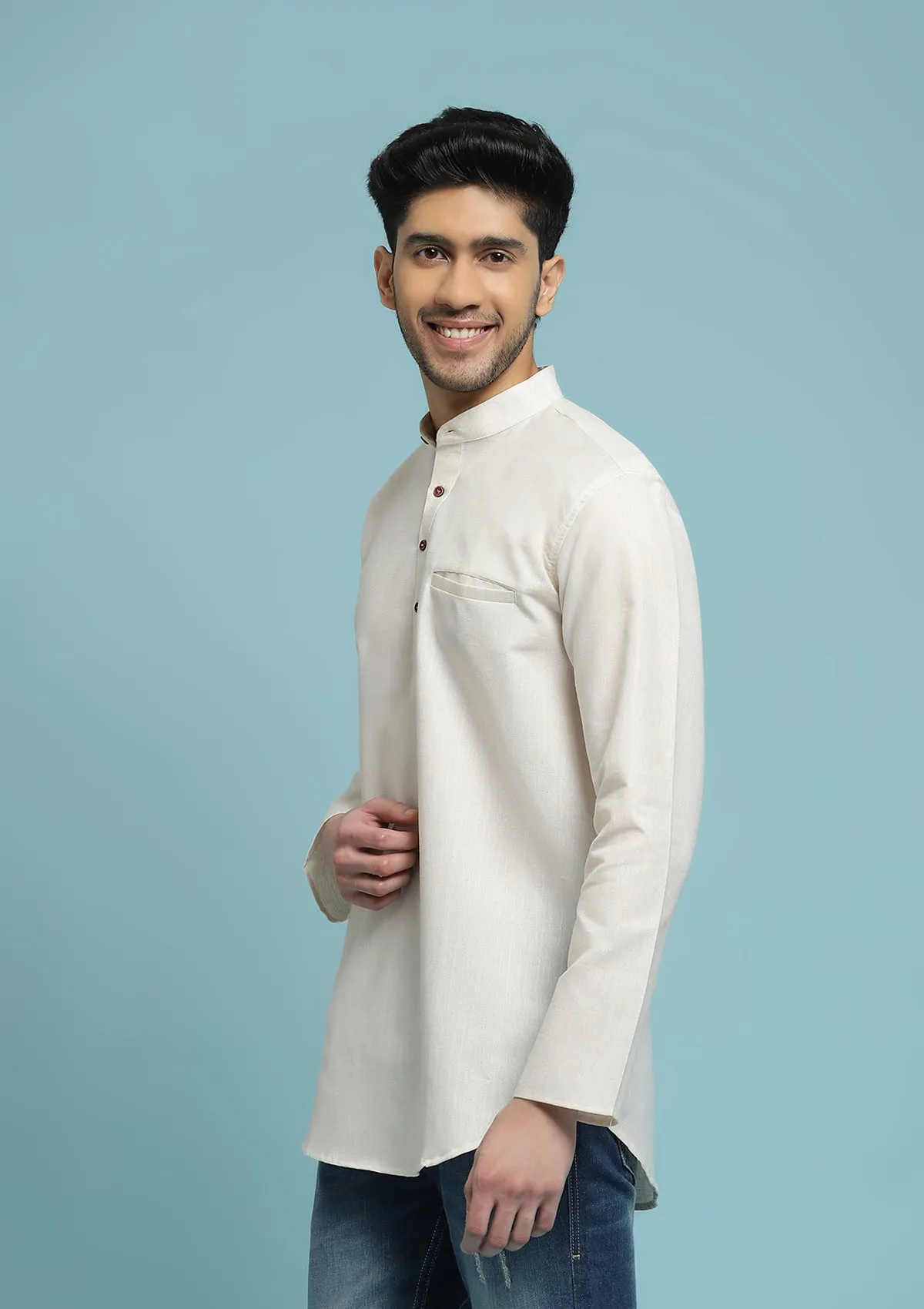 Poly Cotton Solid Men's Short Kurta - Cream