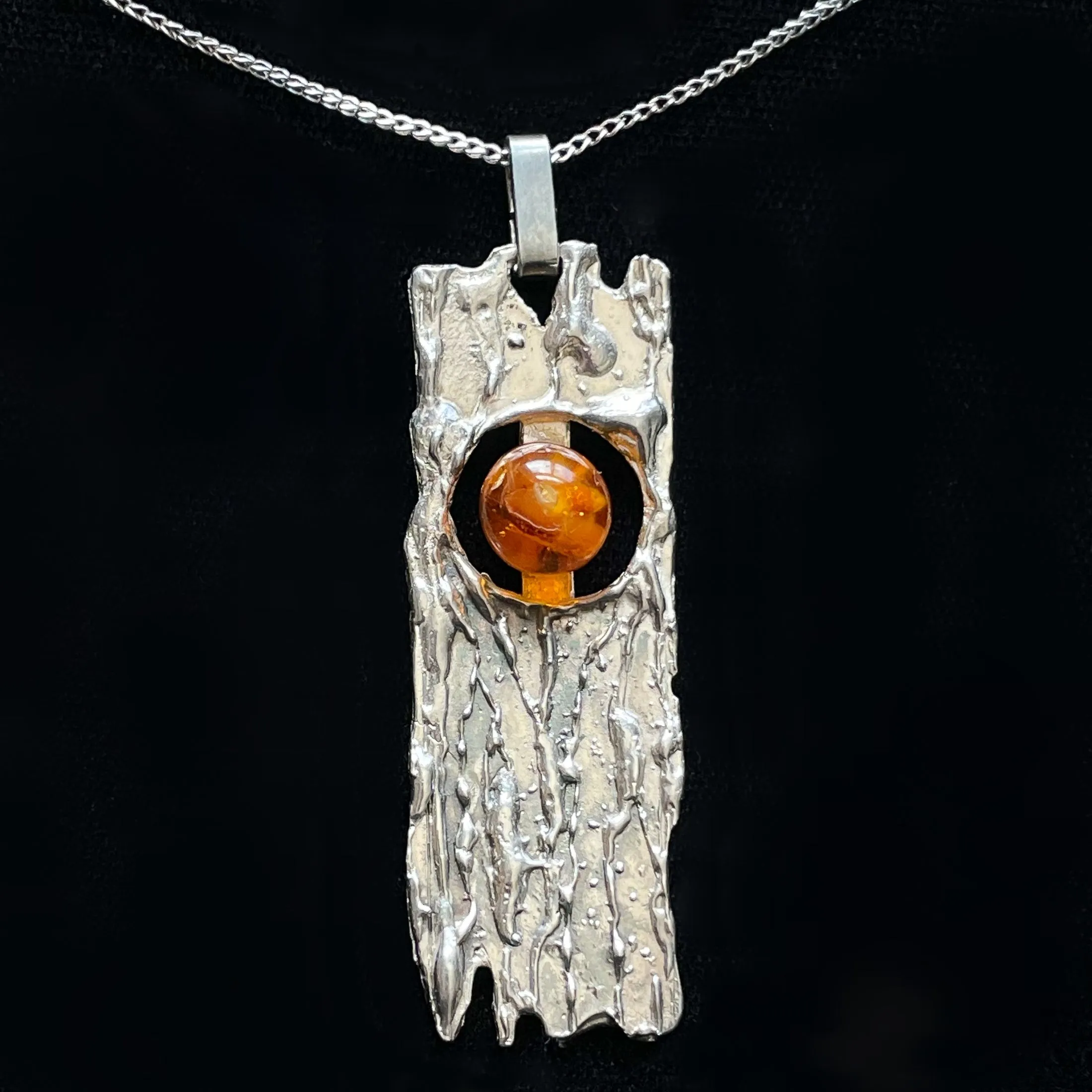 SOLD Vintage 60s 835 Silver Brutalist Pendant Necklace Baltic Amber