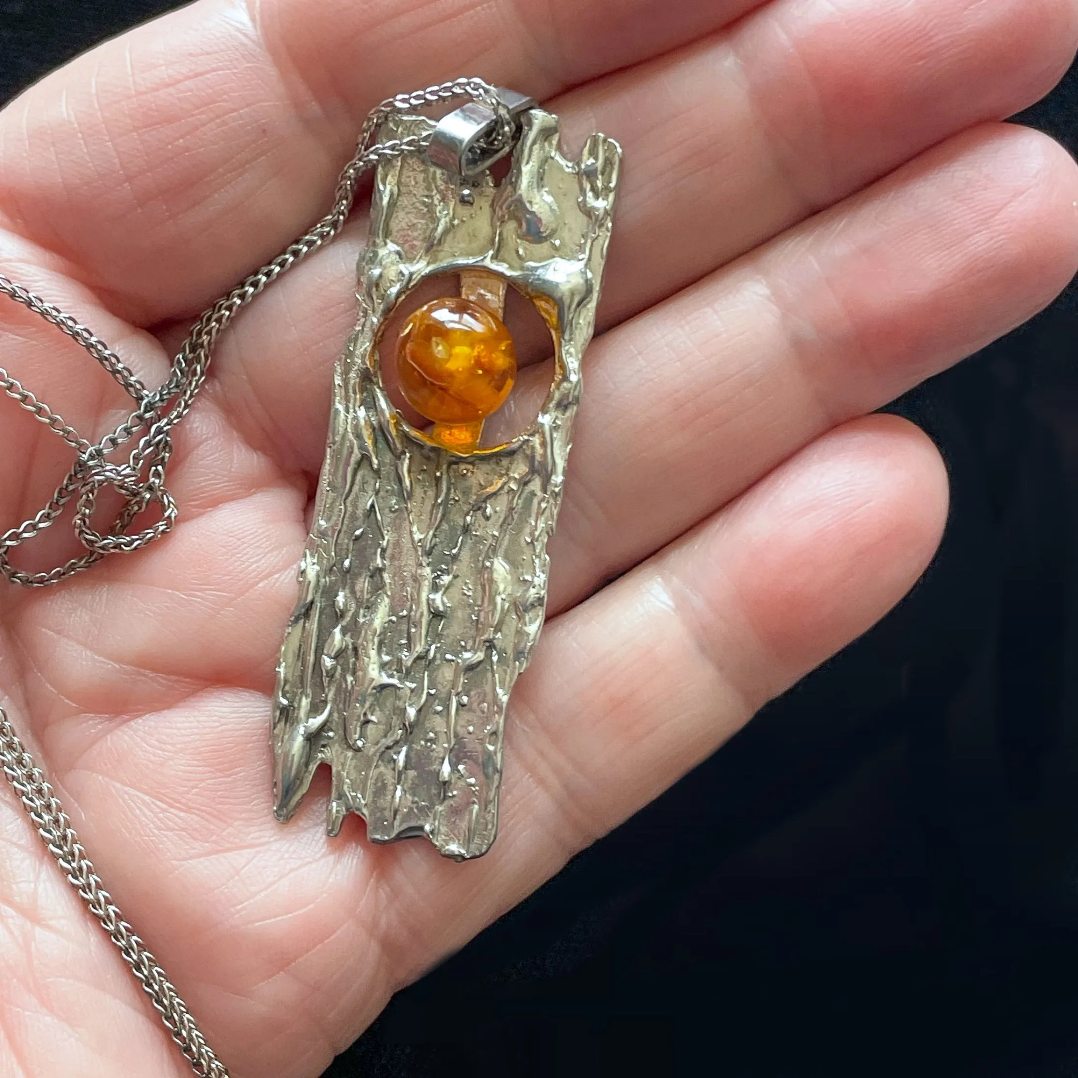 SOLD Vintage 60s 835 Silver Brutalist Pendant Necklace Baltic Amber