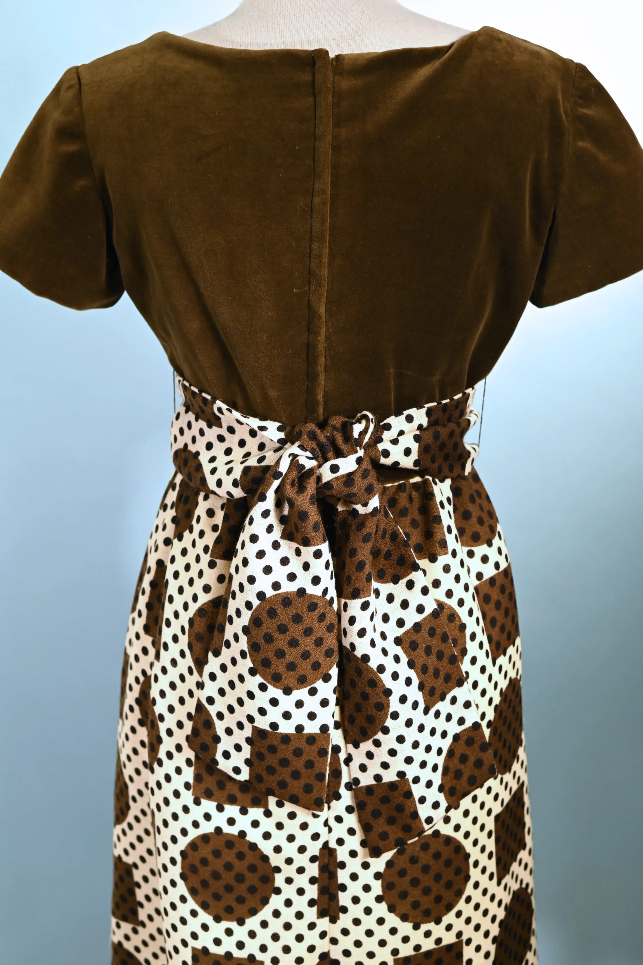 SOLD Vintage 60s Mod Mini Dress, Brown Velvet & Geometric Patterns Dress S