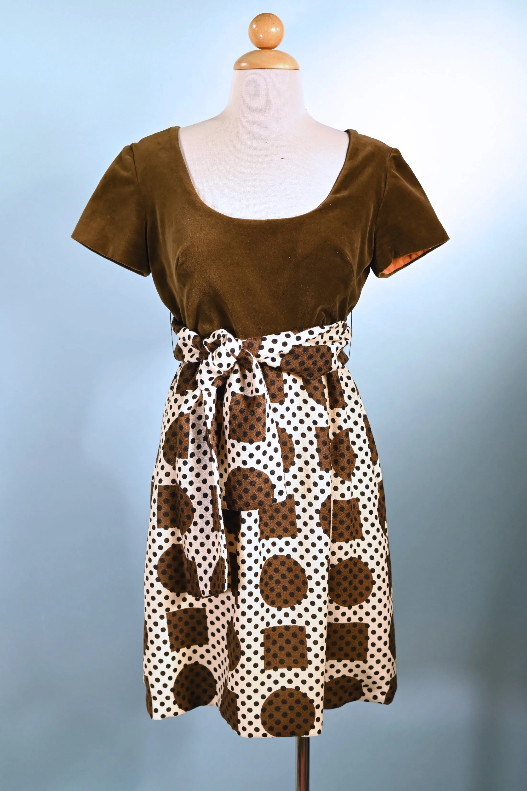 SOLD Vintage 60s Mod Mini Dress, Brown Velvet & Geometric Patterns Dress S