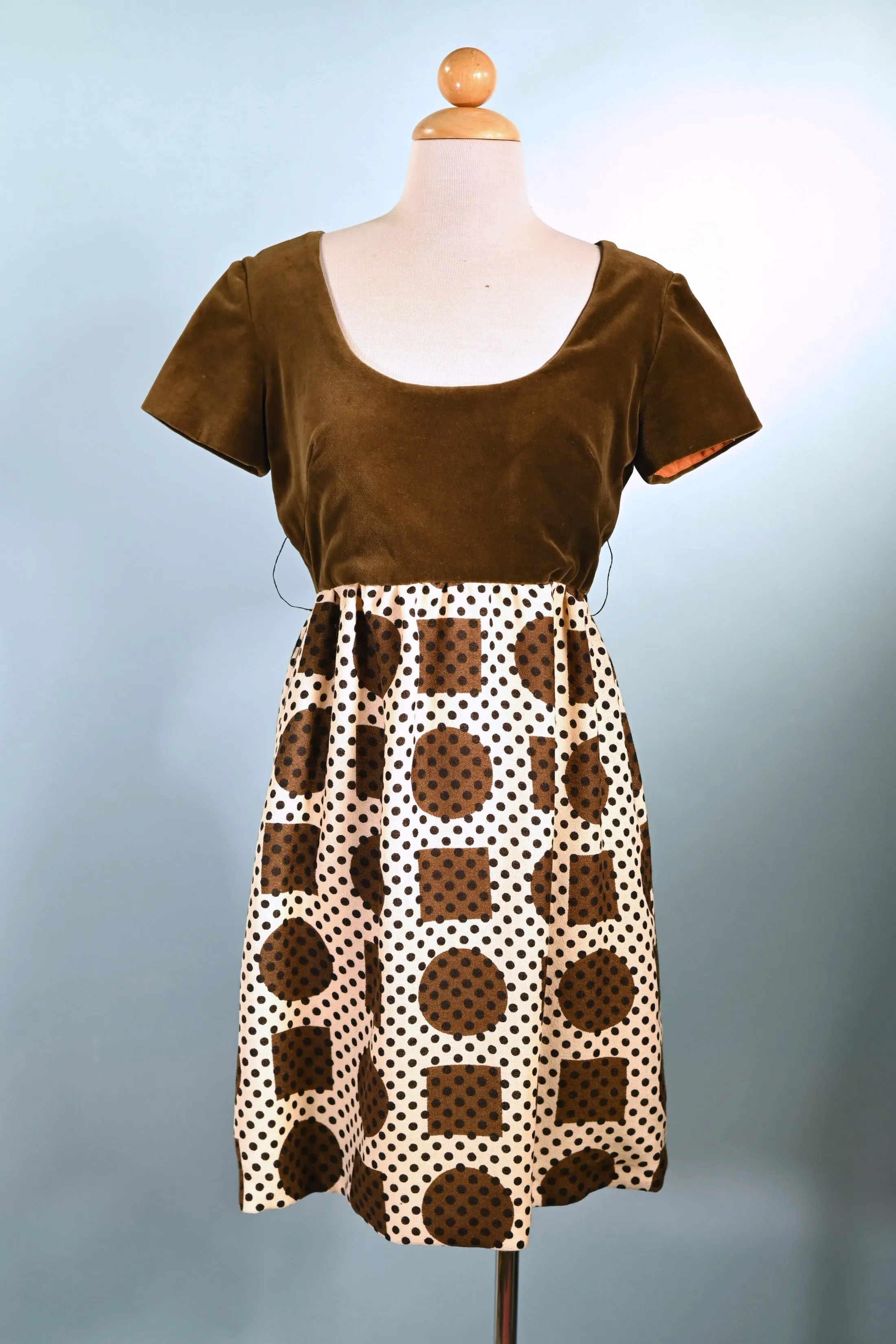 SOLD Vintage 60s Mod Mini Dress, Brown Velvet & Geometric Patterns Dress S