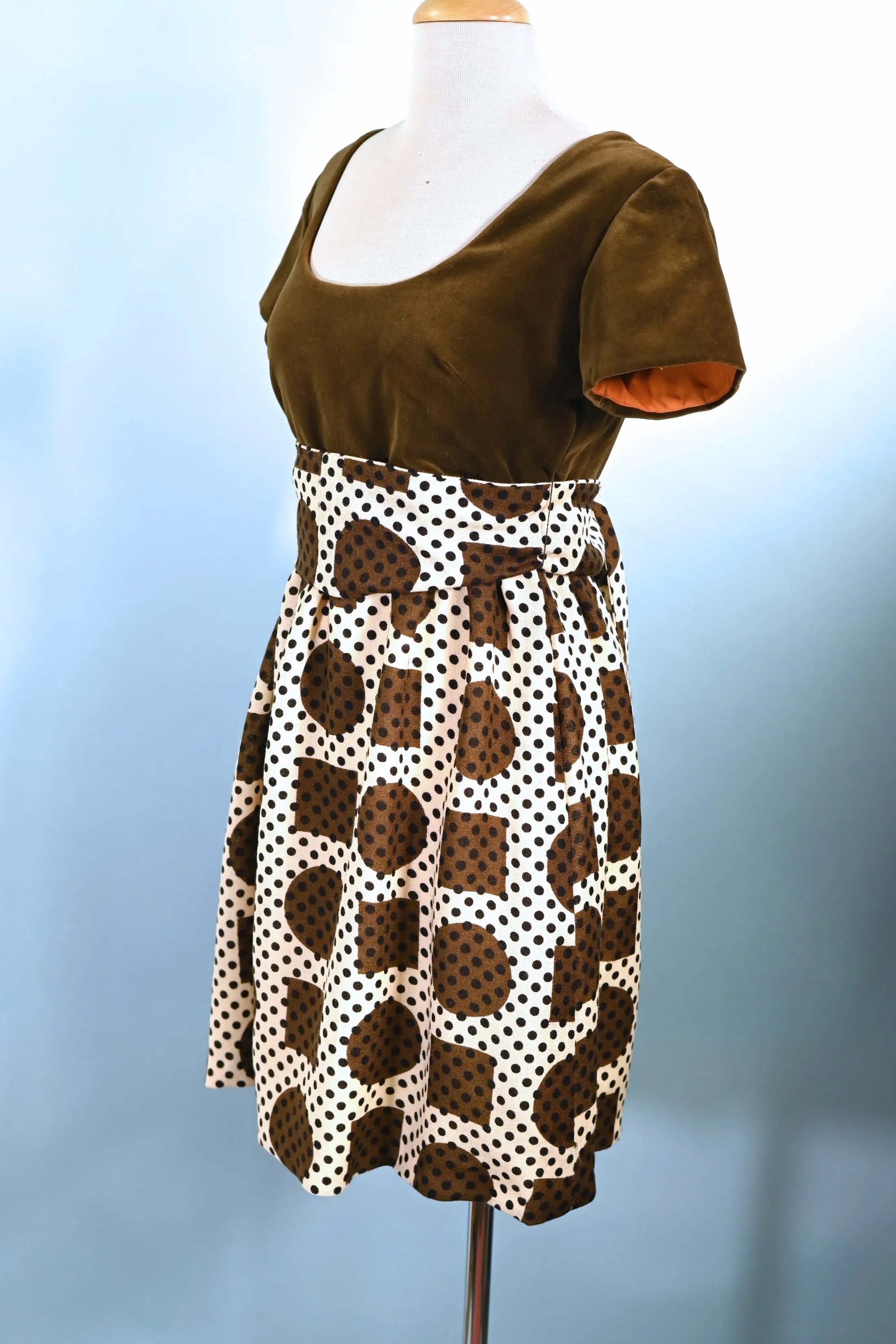 SOLD Vintage 60s Mod Mini Dress, Brown Velvet & Geometric Patterns Dress S