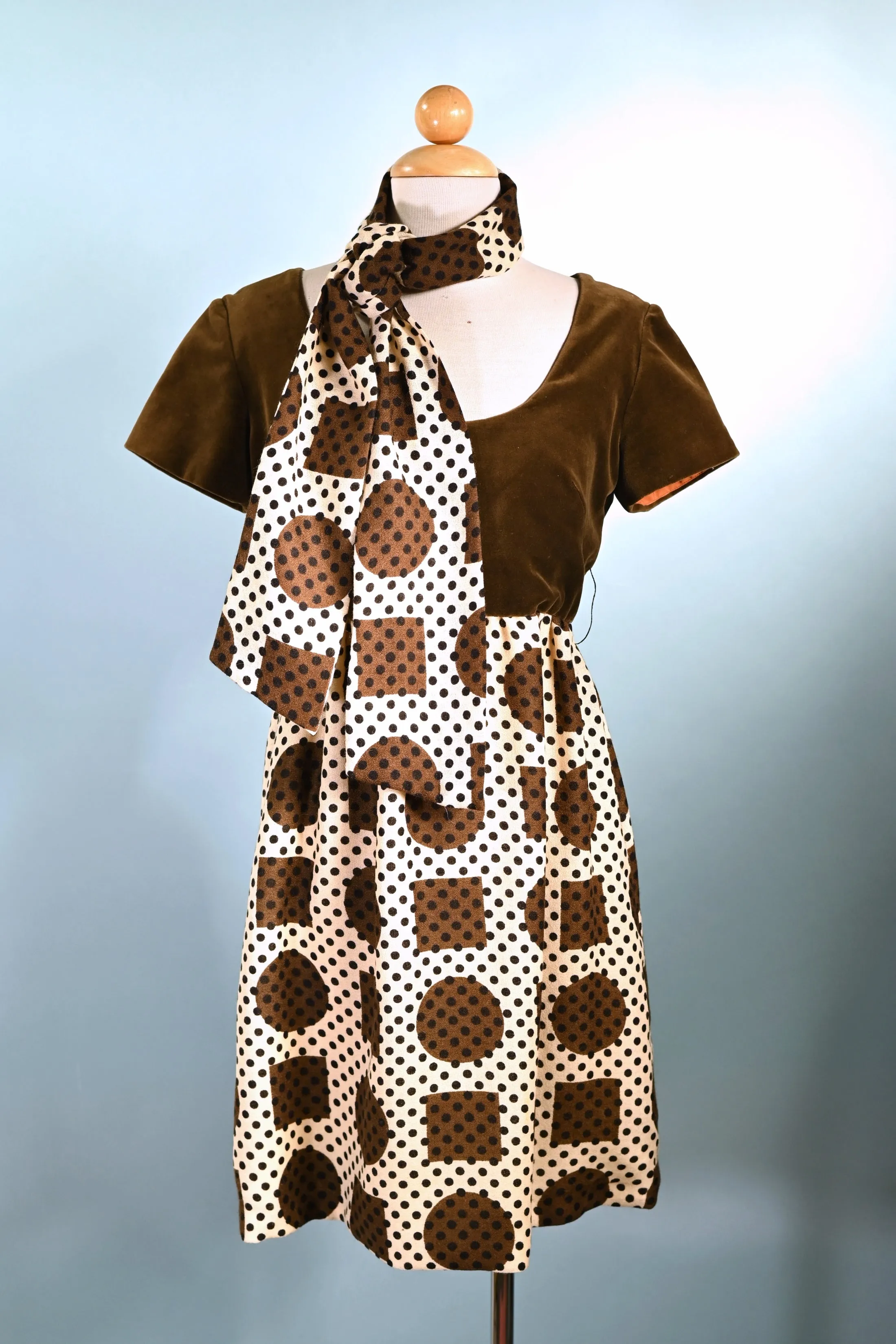 SOLD Vintage 60s Mod Mini Dress, Brown Velvet & Geometric Patterns Dress S